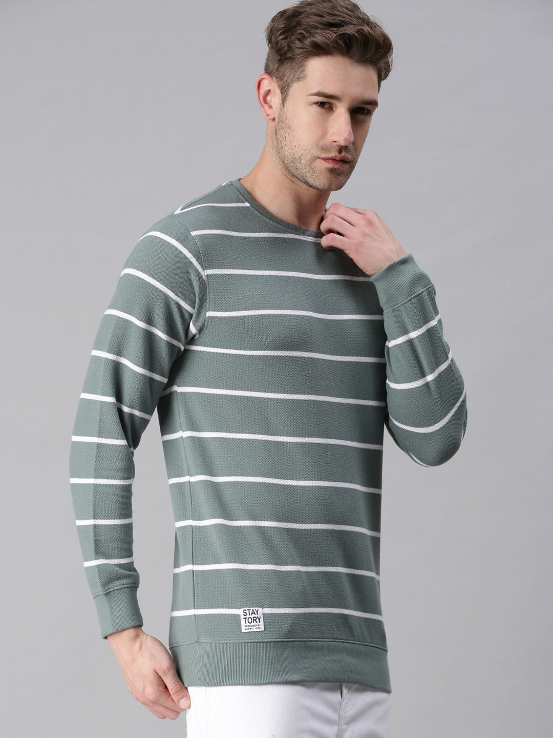 Men Striped Green Sweatshirt