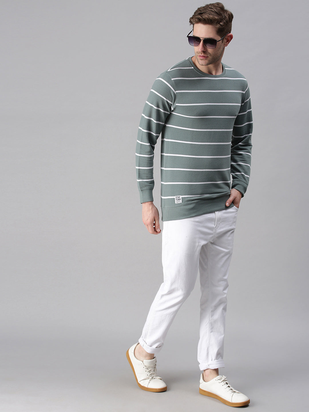 Men Striped Green Sweatshirt