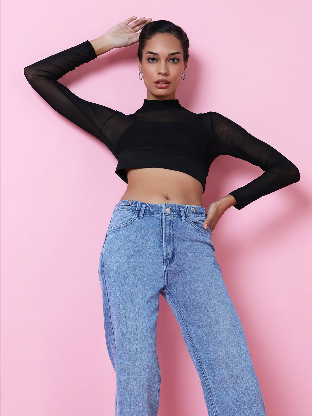 Women Black Solid Sheer Crop Top