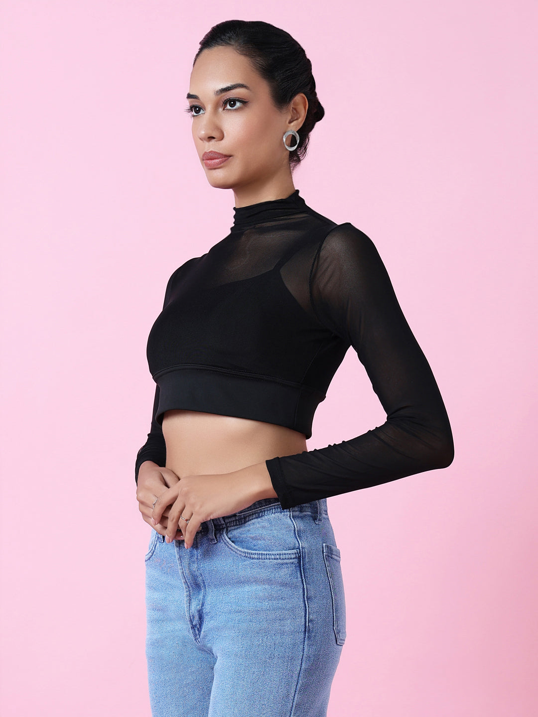 Women Black Solid Sheer Crop Top