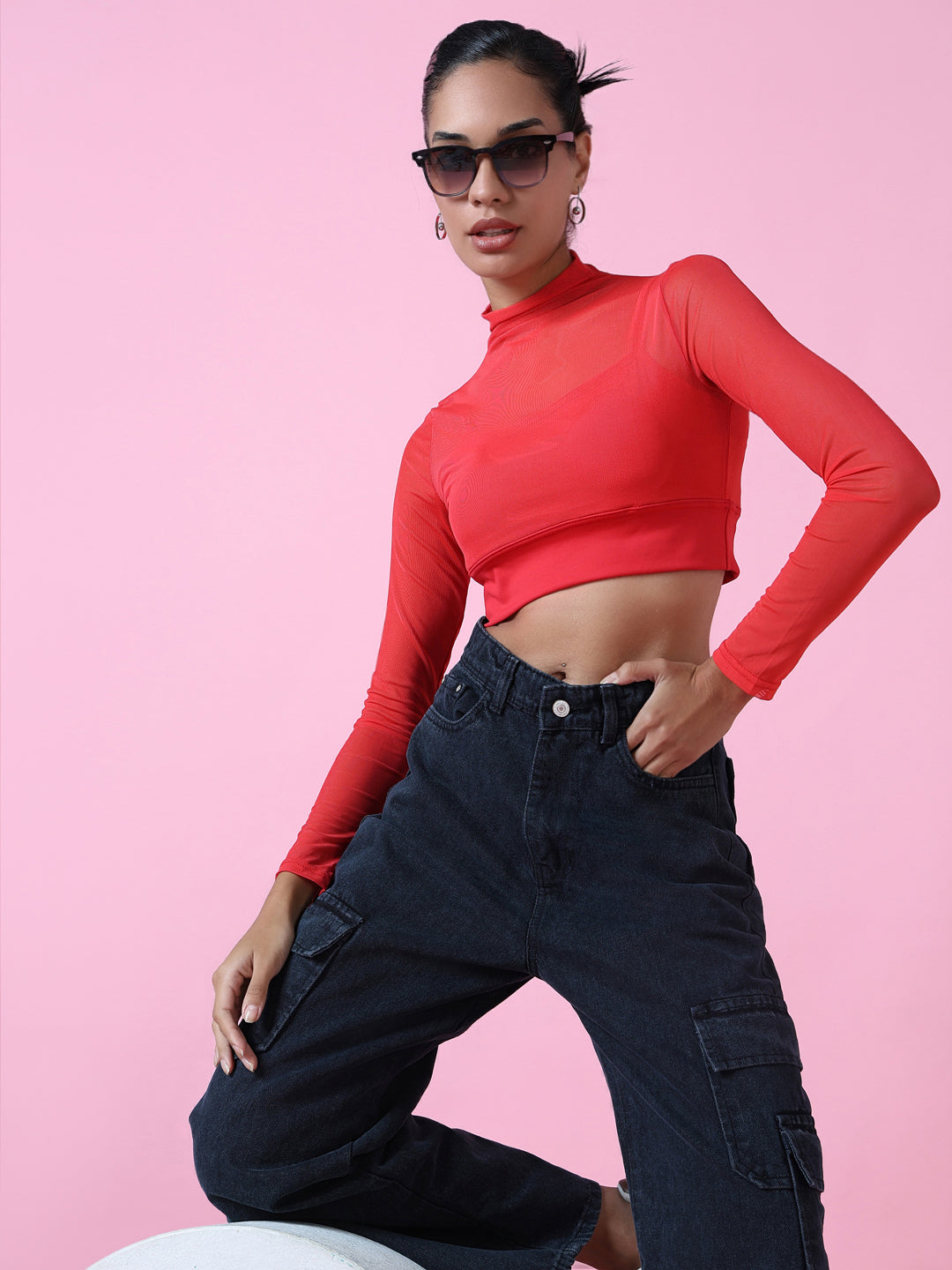 Women Red Solid Sheer Crop Top