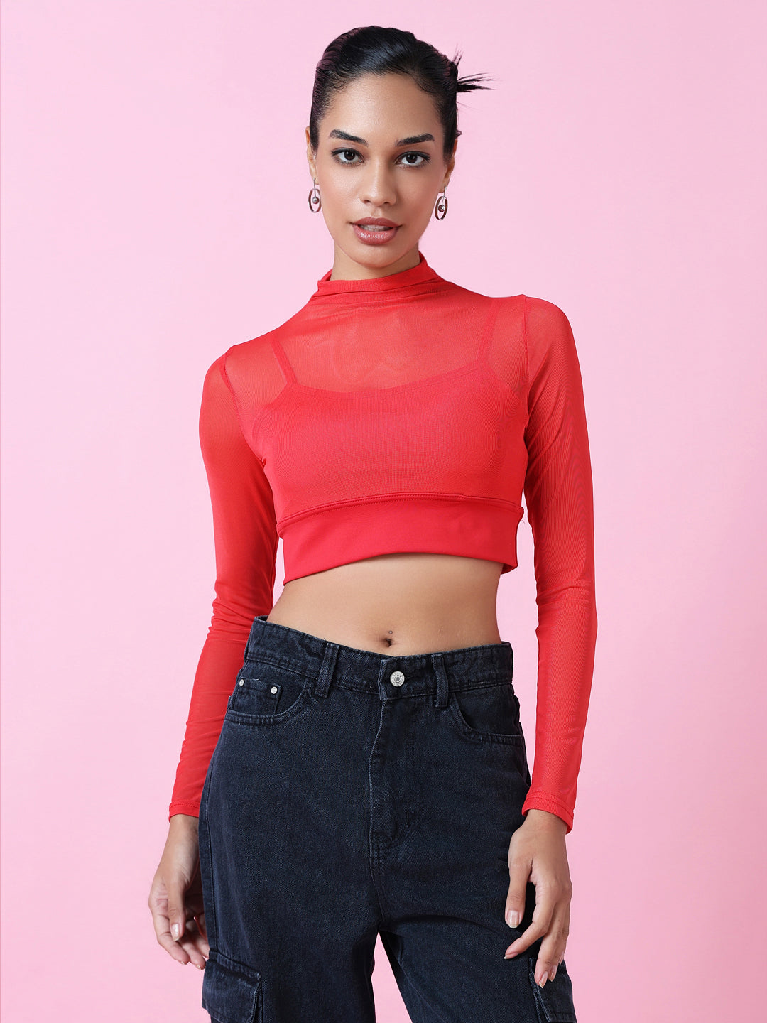 Women Red Solid Sheer Crop Top