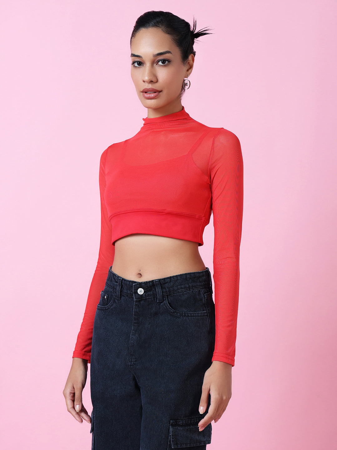 Women Red Solid Sheer Crop Top