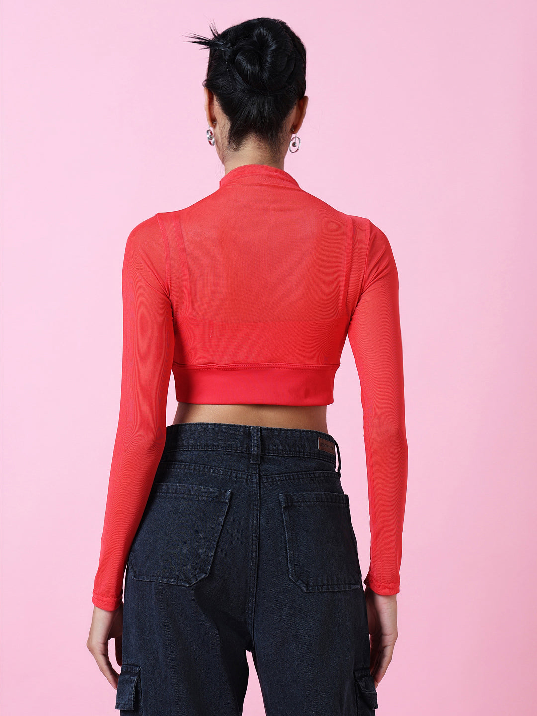 Women Red Solid Sheer Crop Top