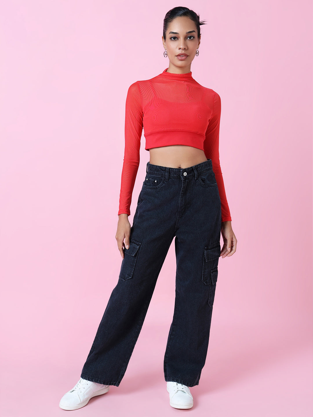 Women Red Solid Sheer Crop Top