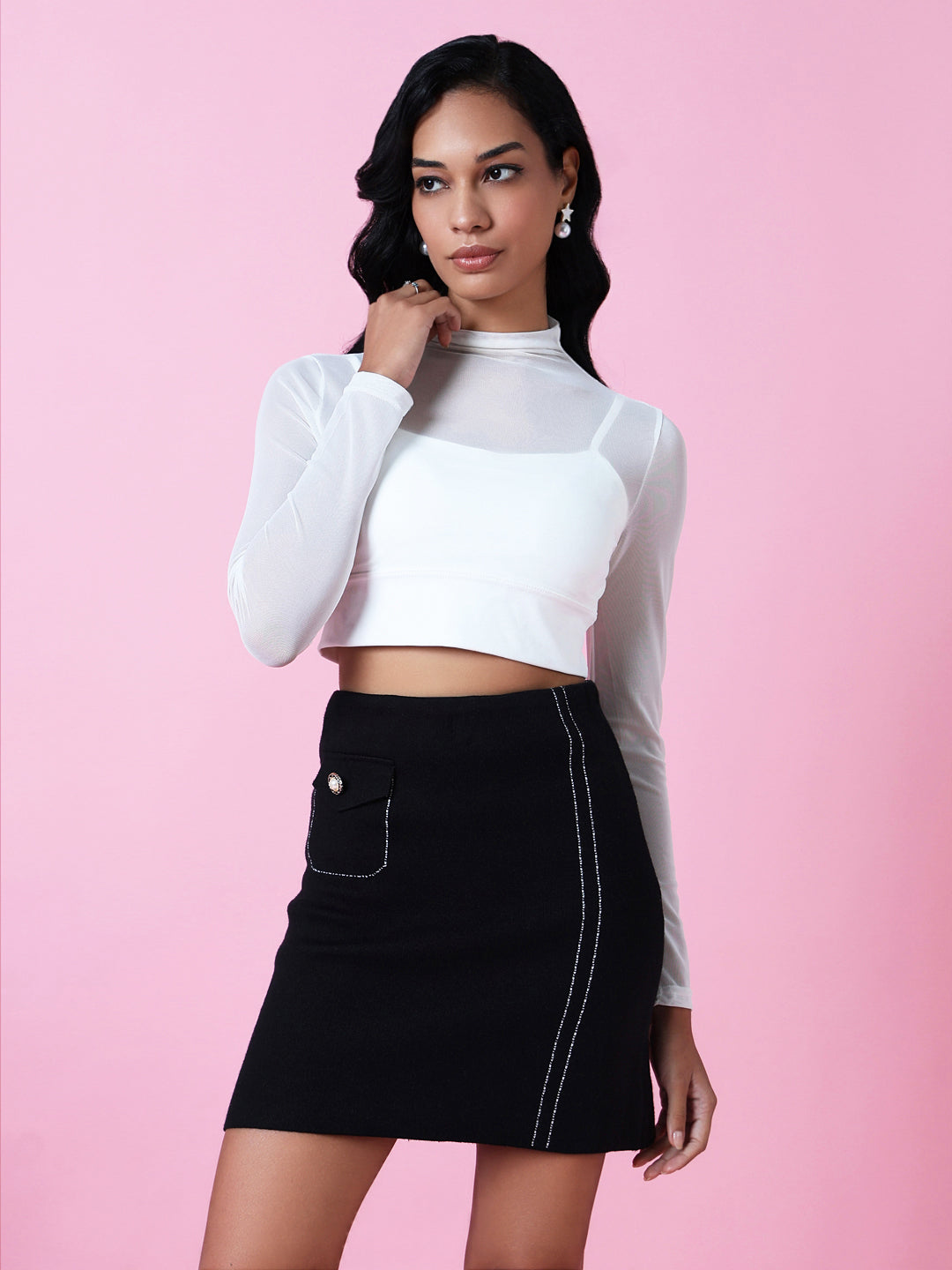 Women White Solid Sheer Crop Top