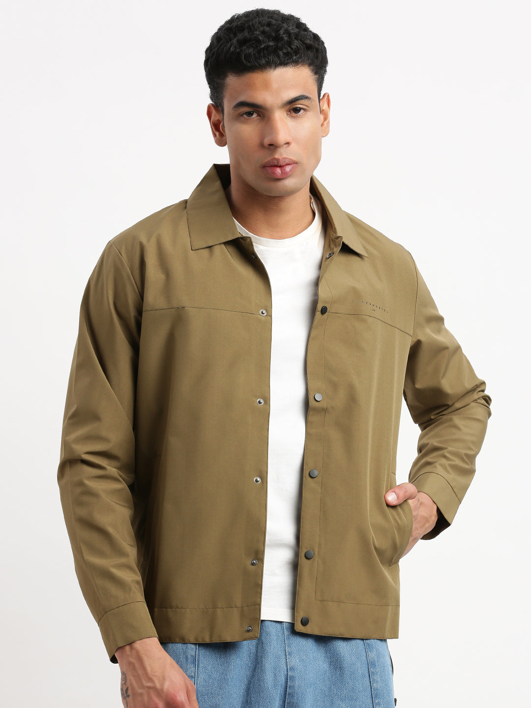 Men Spread Collar Olive Solid Tailored Jacket