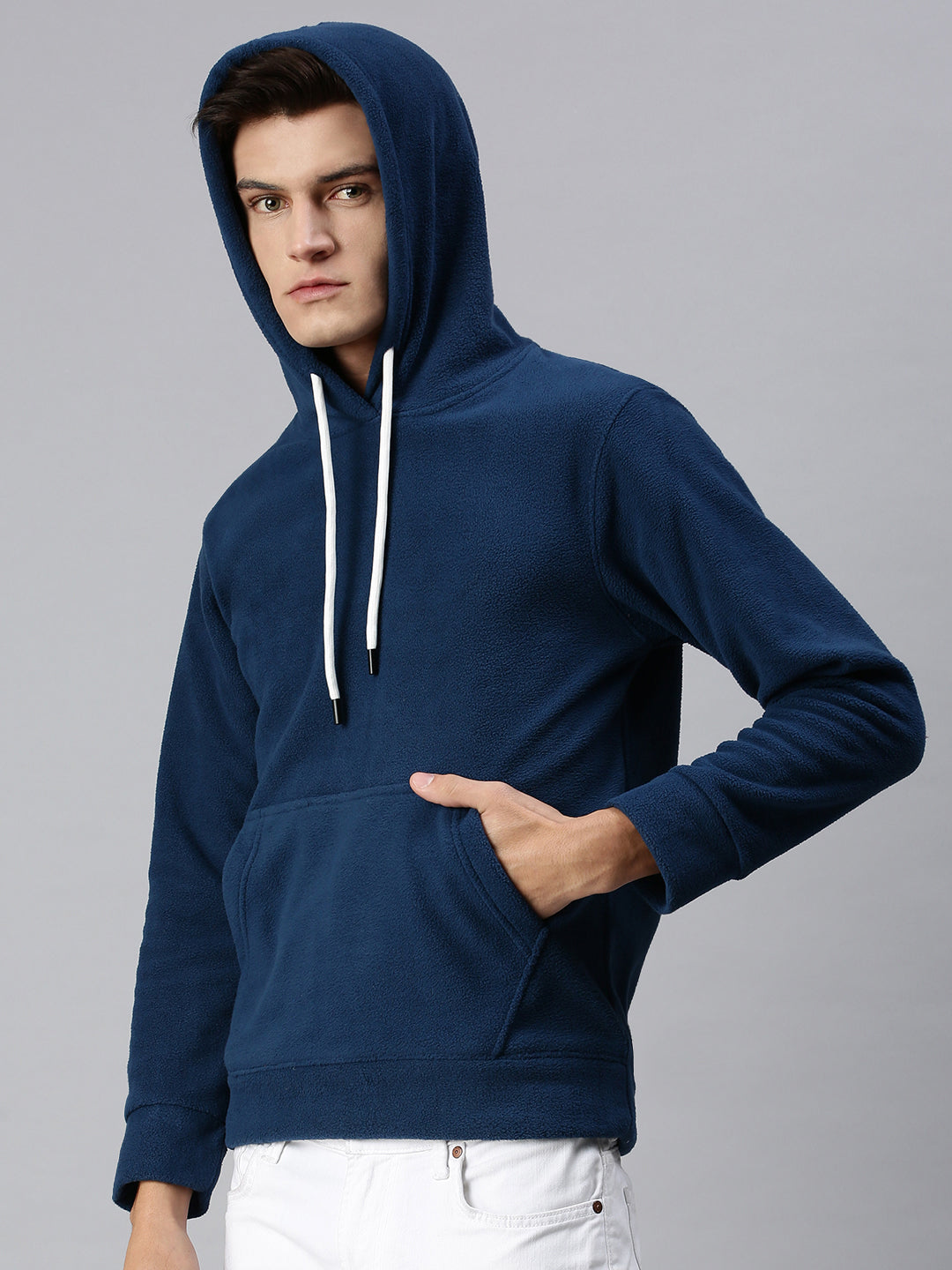 Men Hooded Solid Blue Sweatshirt