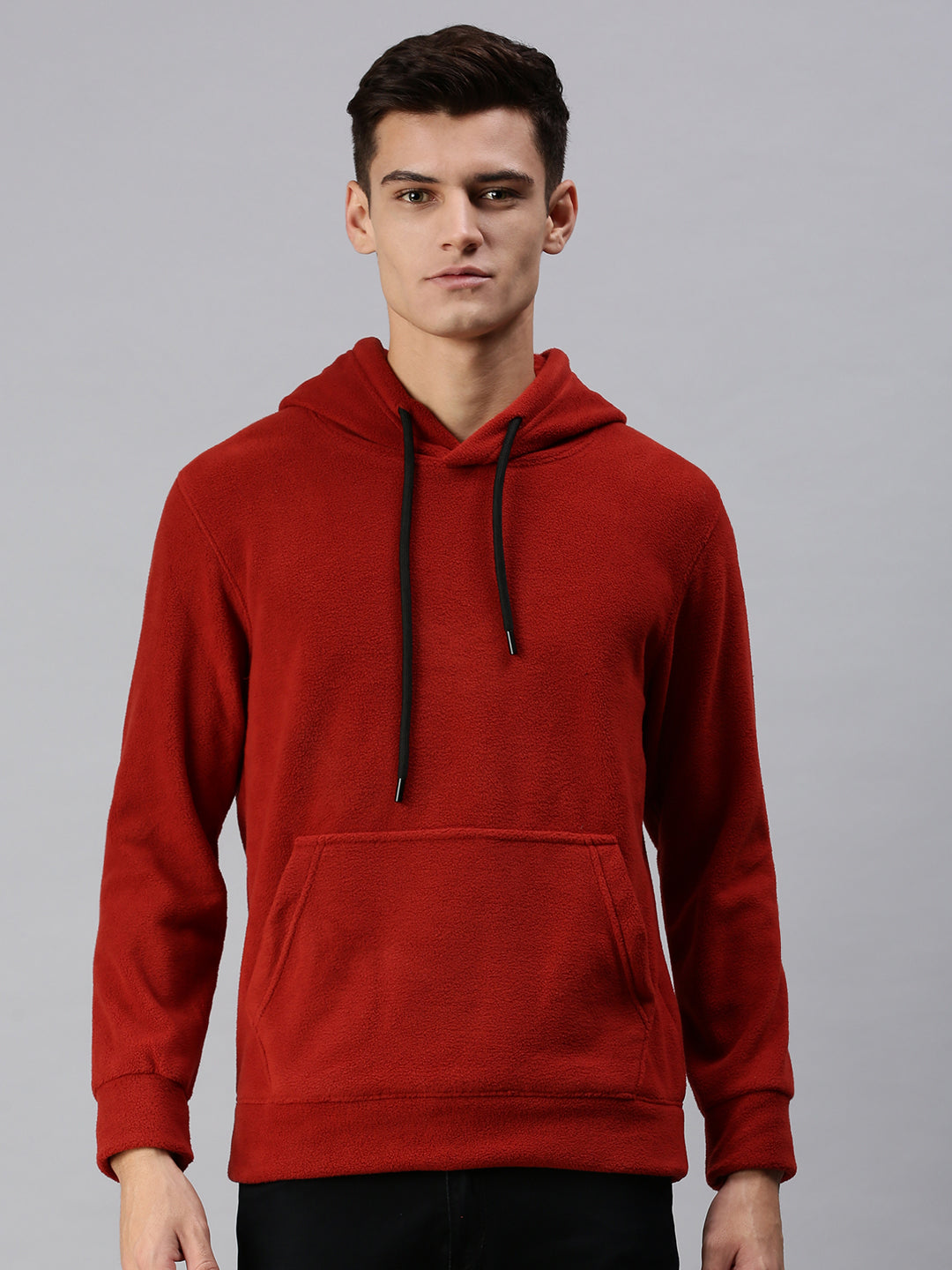 Men Hooded Solid Red Sweatshirt