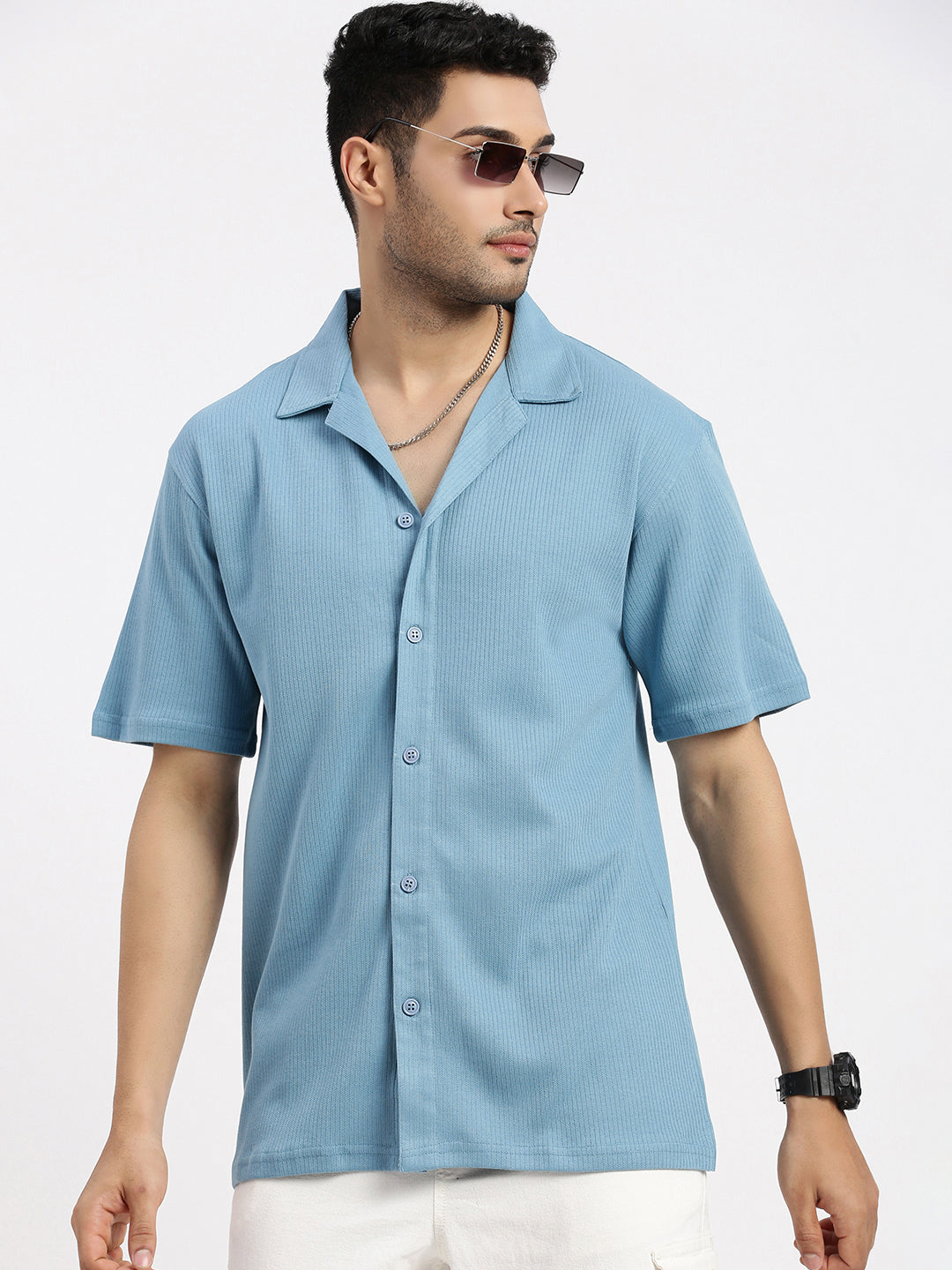 Men Blue Cuban Collar Solid Shirt