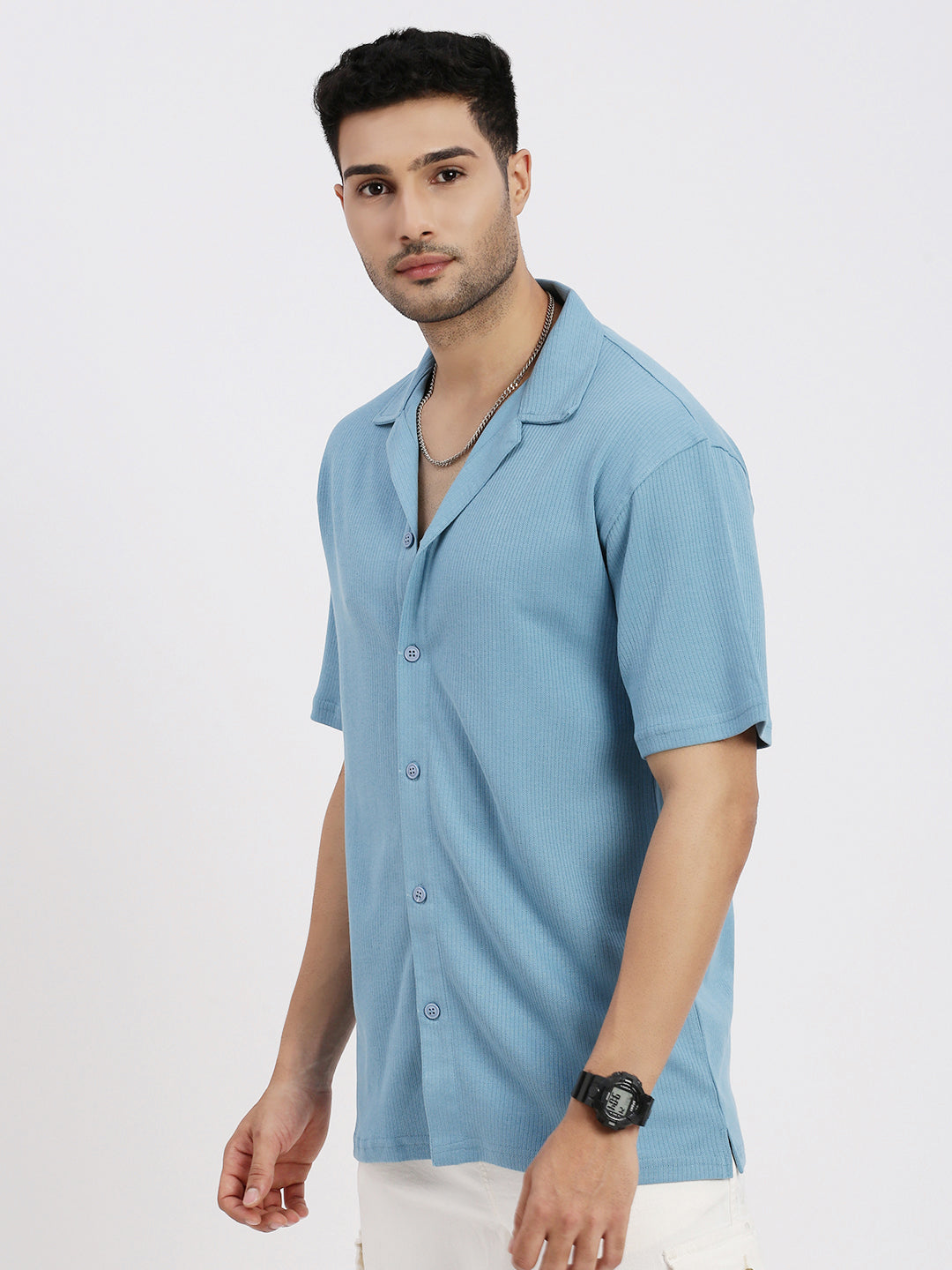 Men Blue Cuban Collar Solid Shirt