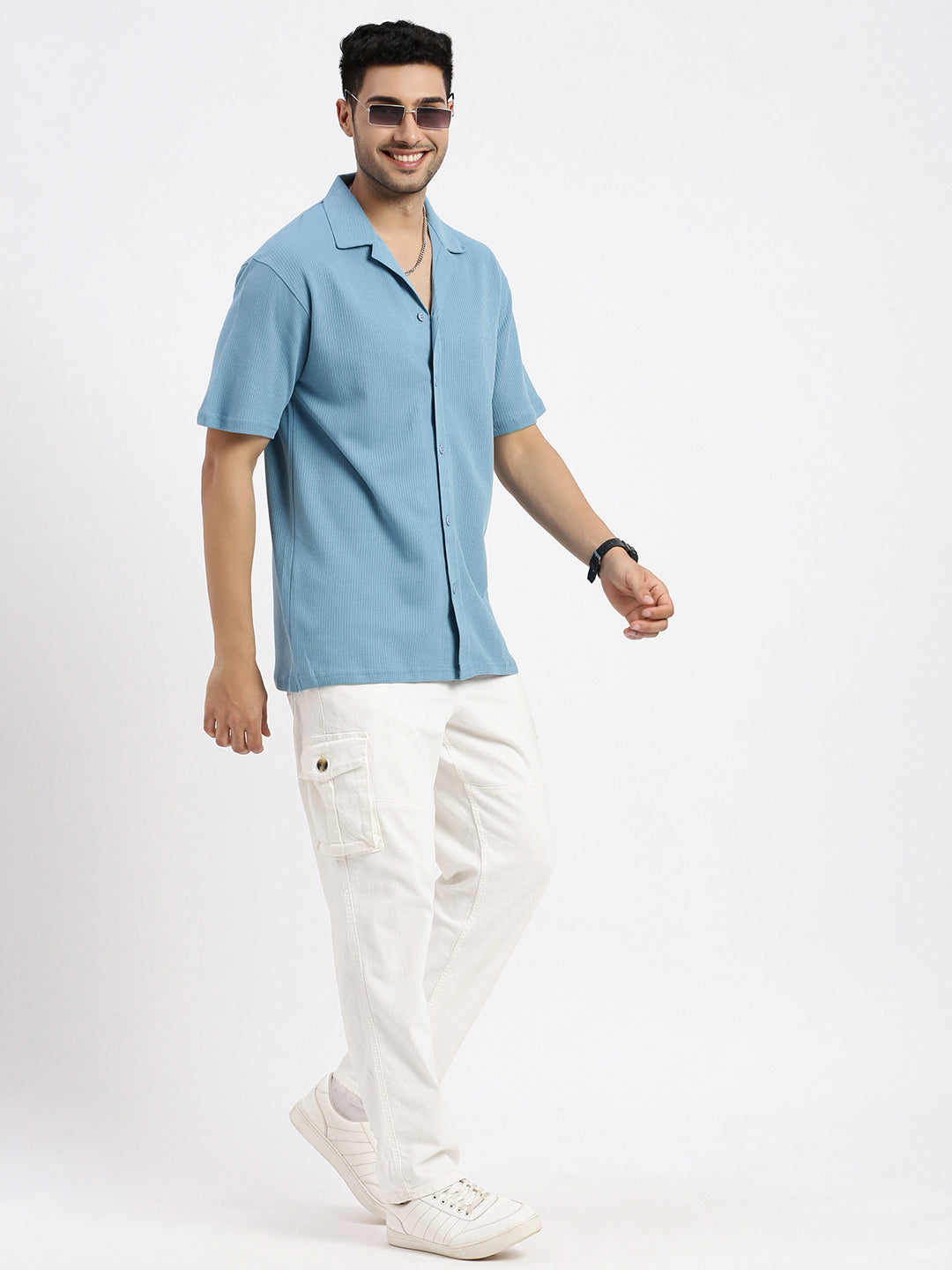 Men Blue Cuban Collar Solid Shirt