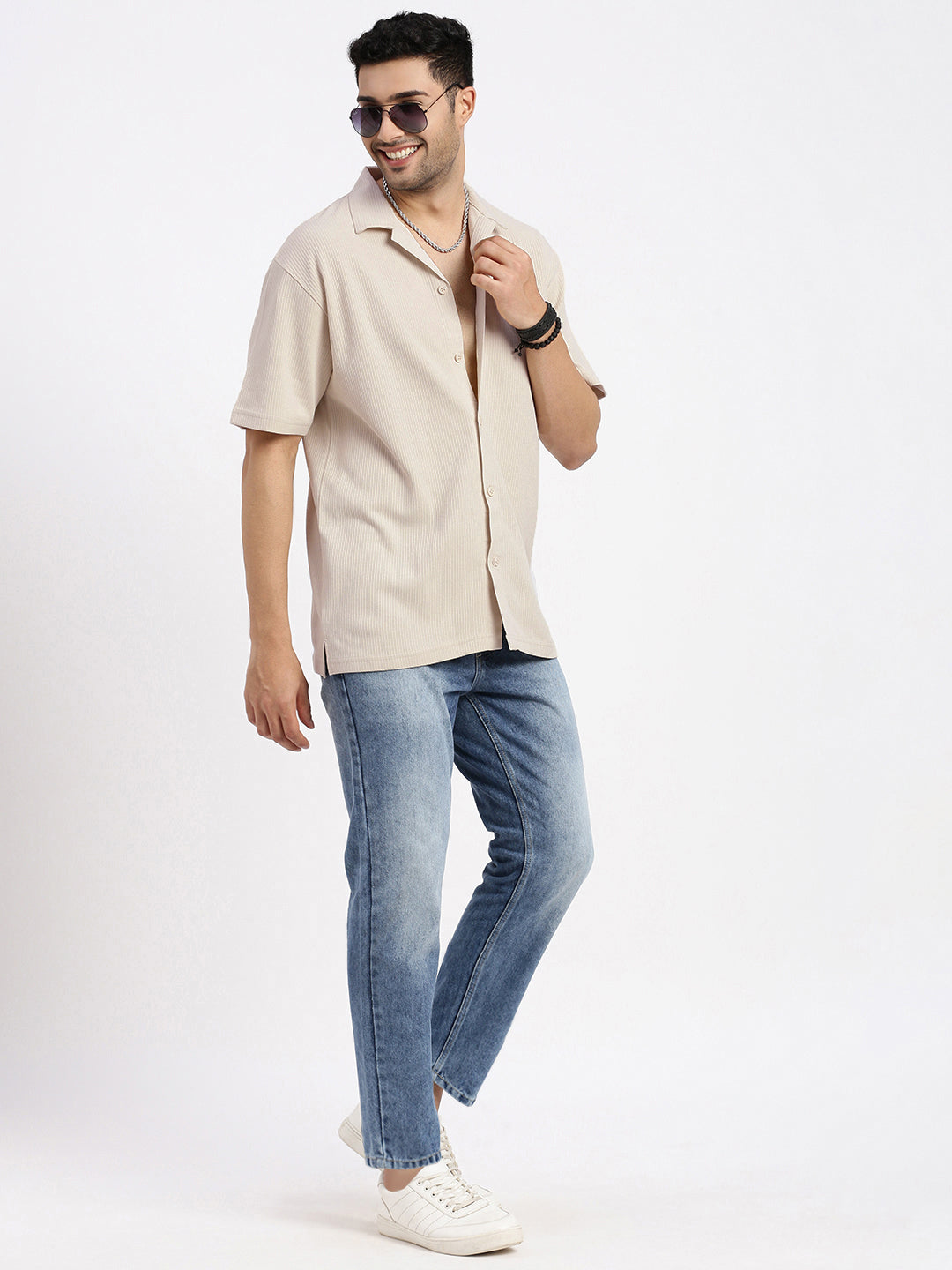 Men Cream Cuban Collar Solid Shirt