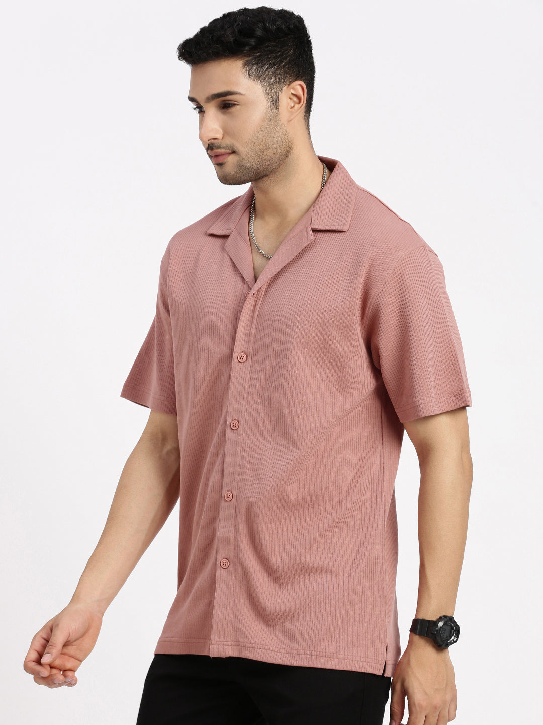 Men Peach Cuban Collar Solid Shirt