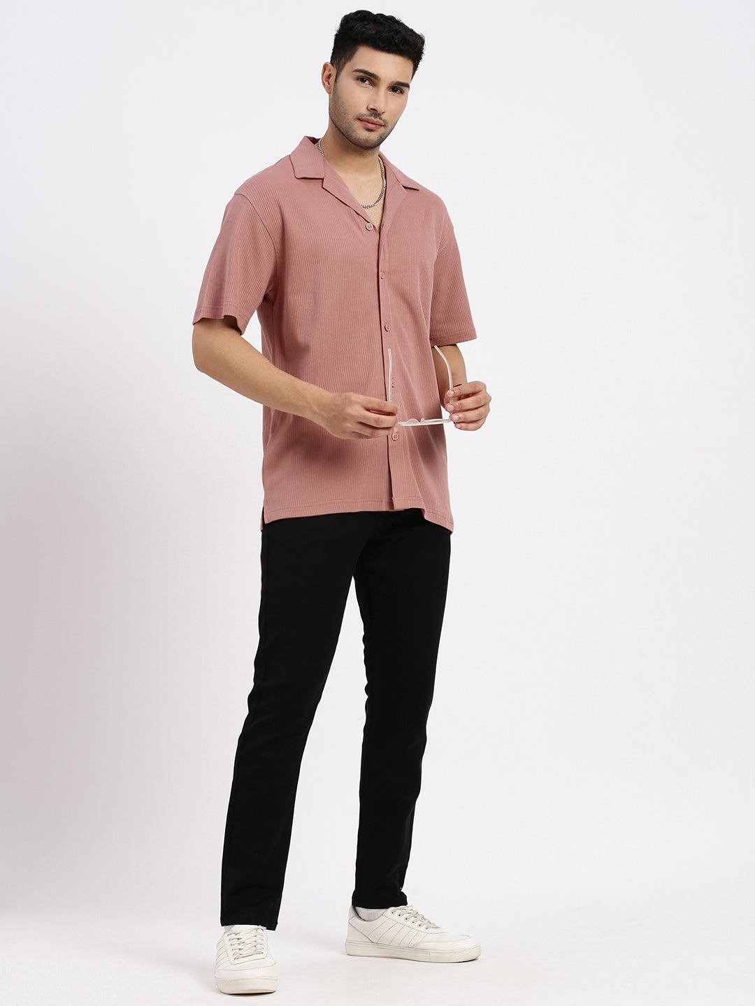 Men Peach Cuban Collar Solid Shirt