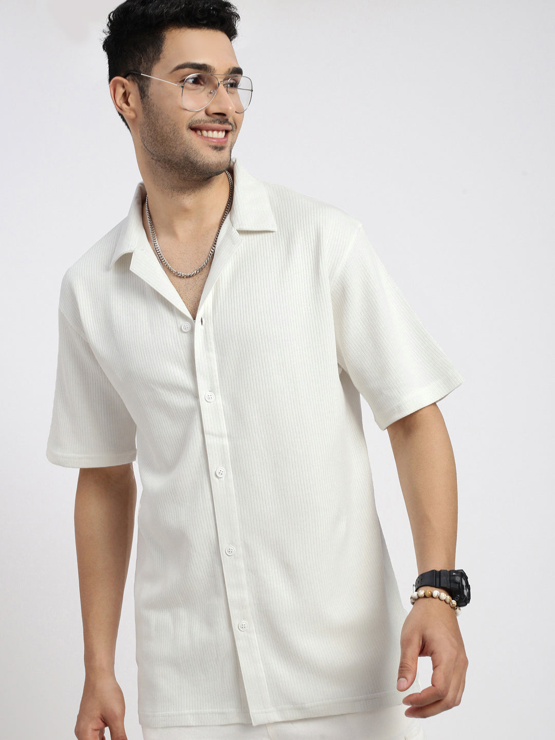 Men White Cuban Collar Solid Shirt