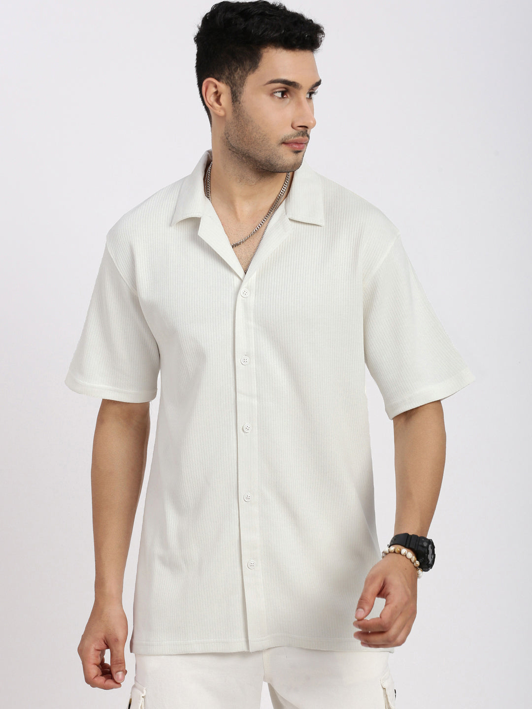 Men White Cuban Collar Solid Shirt