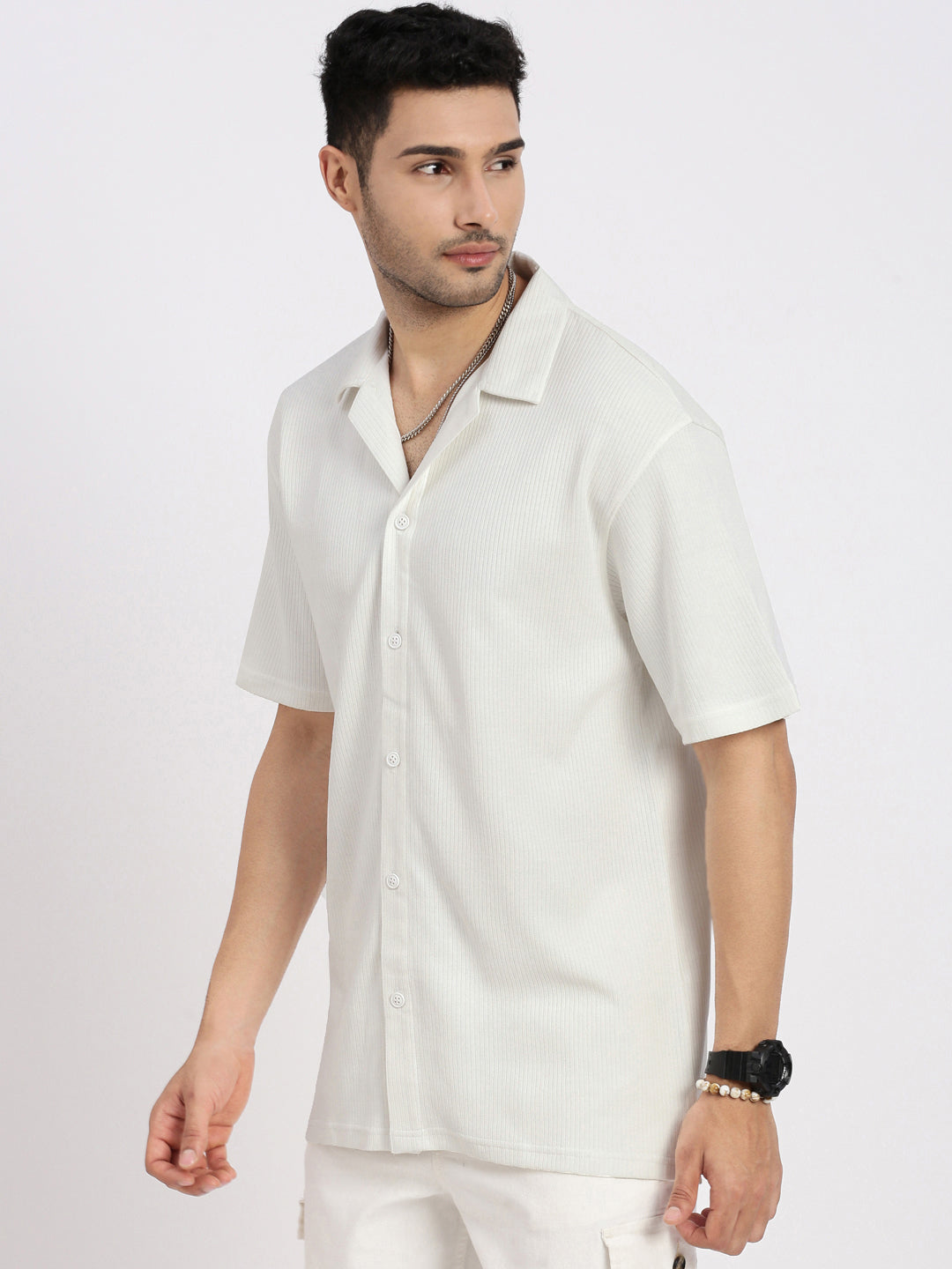 Men White Cuban Collar Solid Shirt