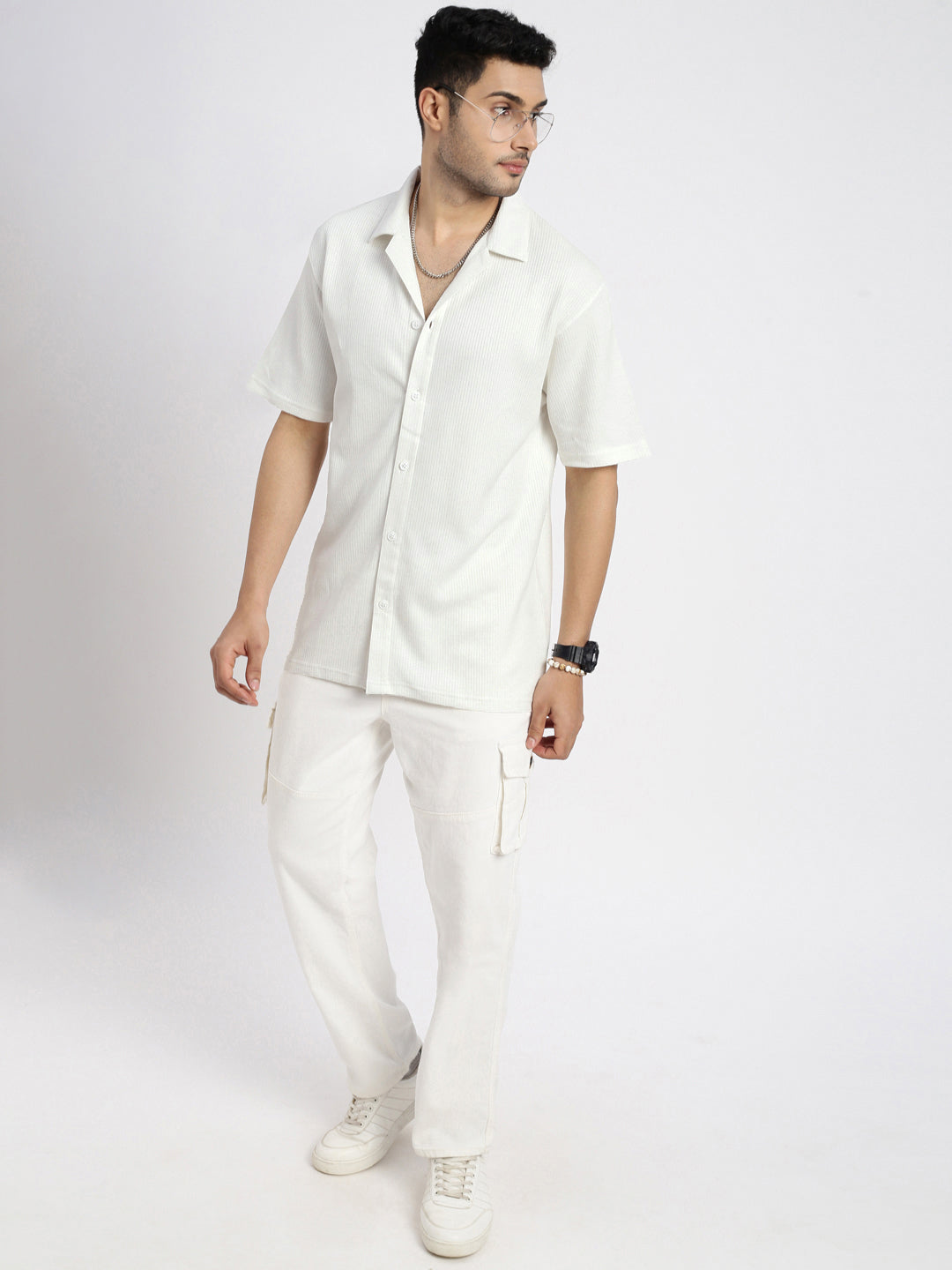 Men White Cuban Collar Solid Shirt