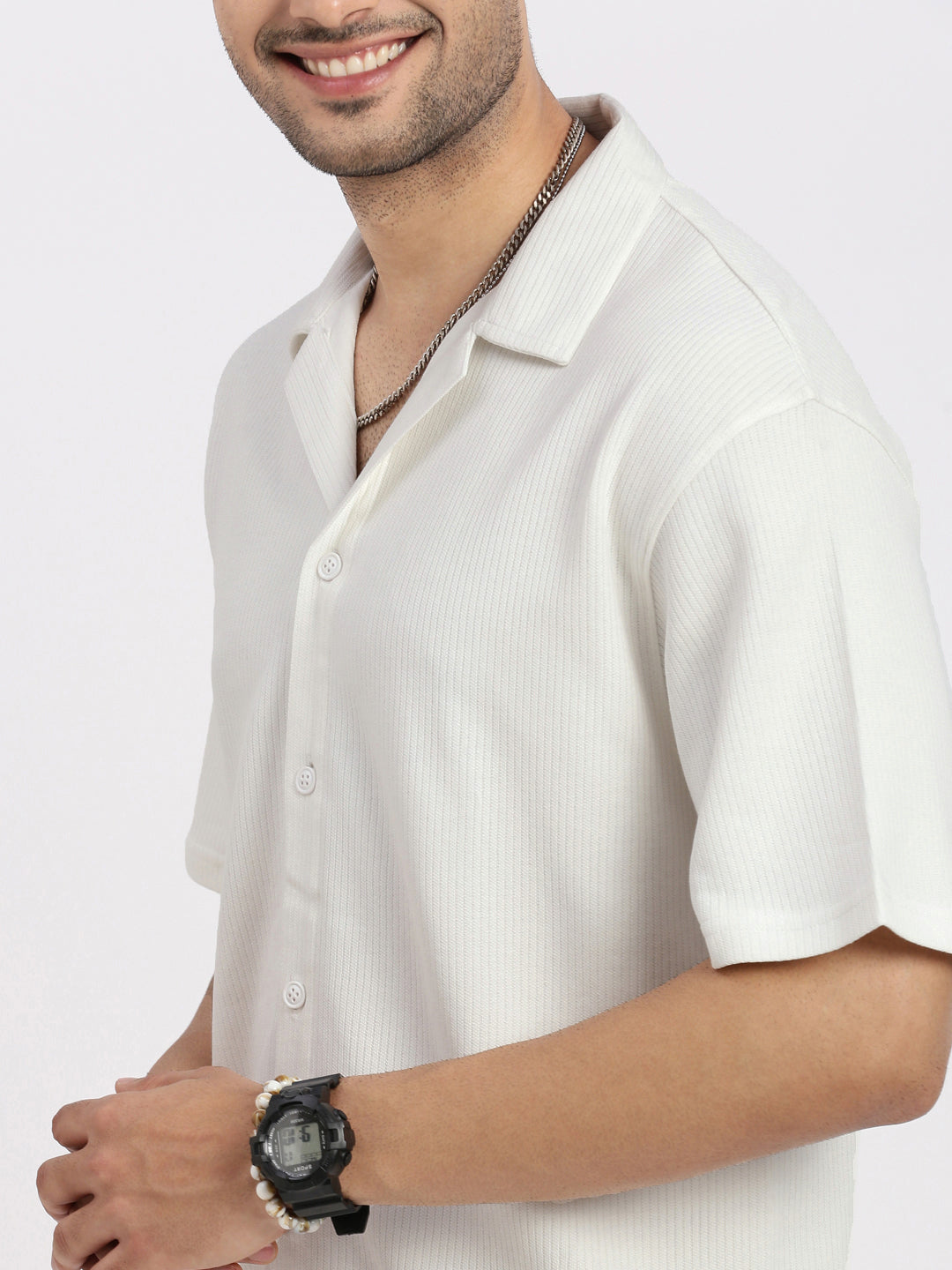 Men White Cuban Collar Solid Shirt