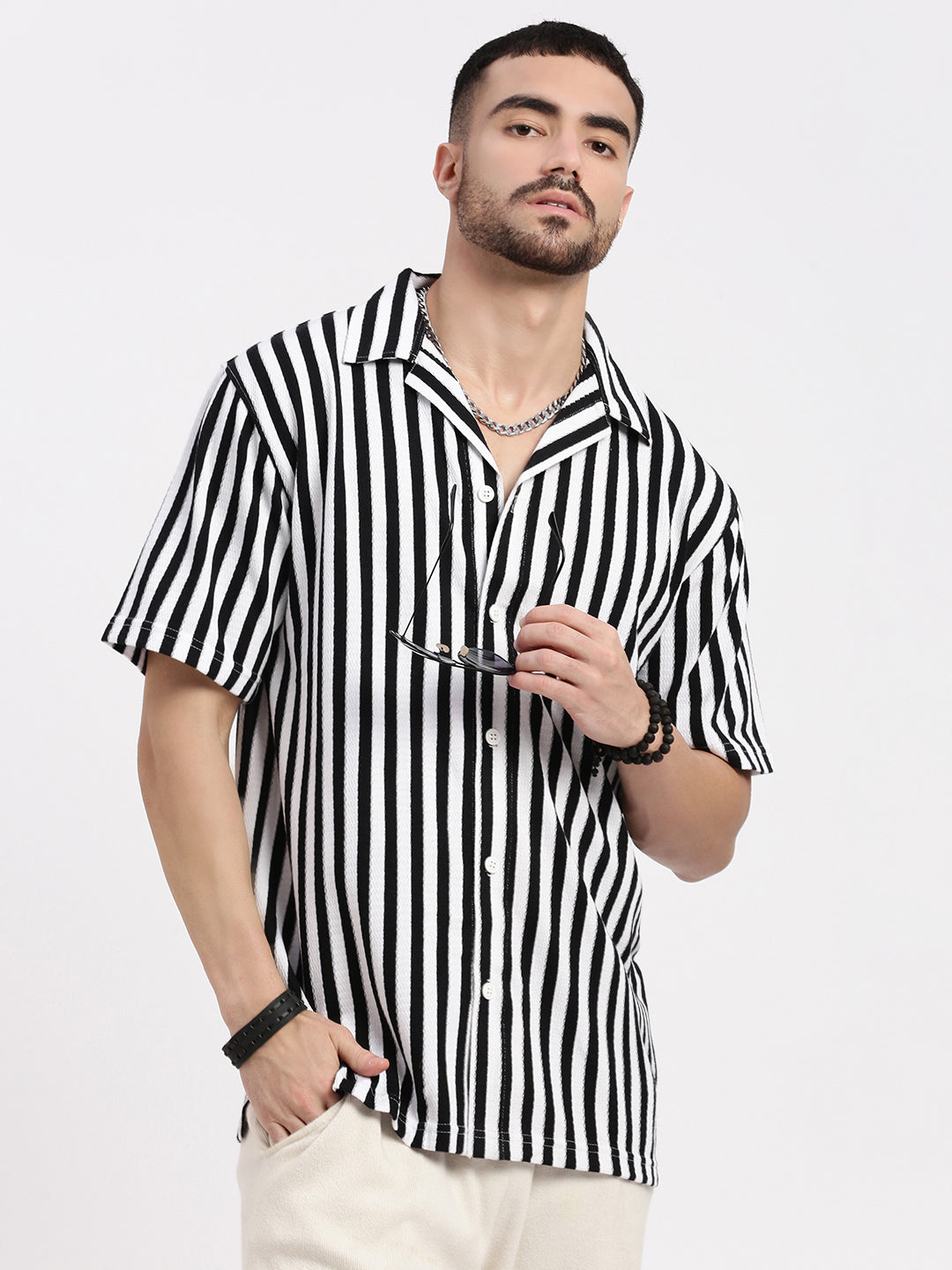 Men Black Cuban Collar Striped Shirt