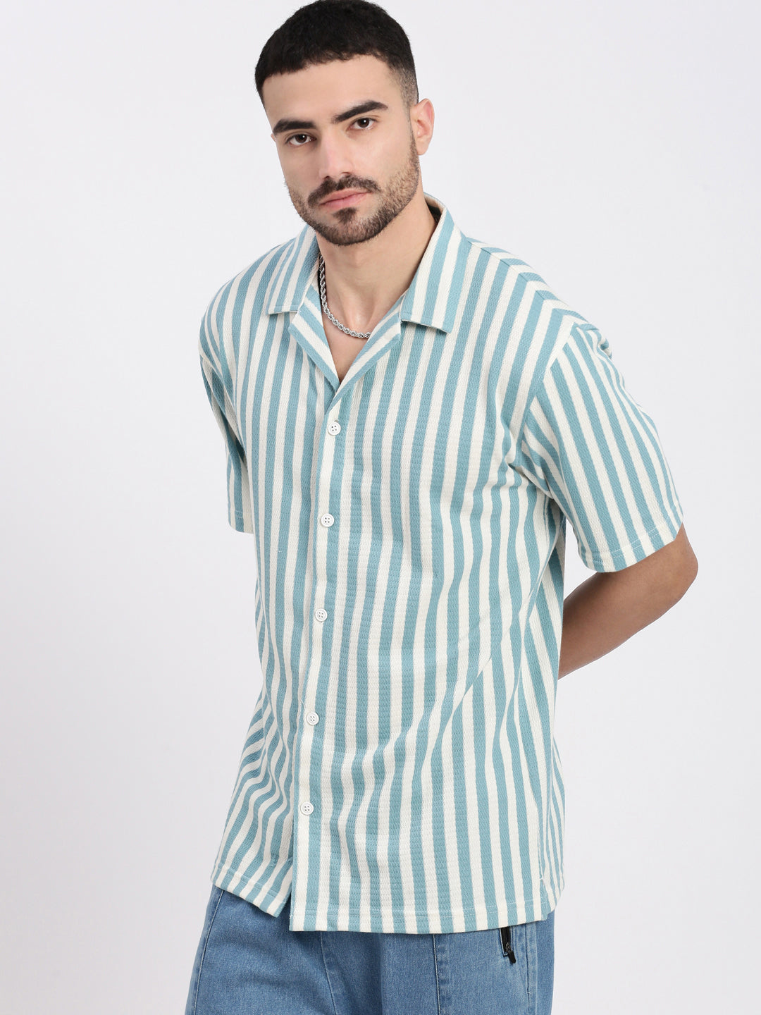 Men Blue Cuban Collar Striped Shirt