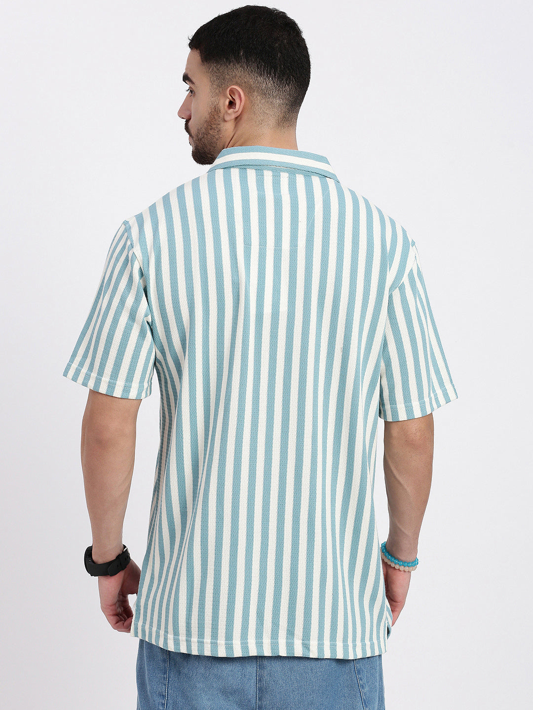 Men Blue Cuban Collar Striped Shirt