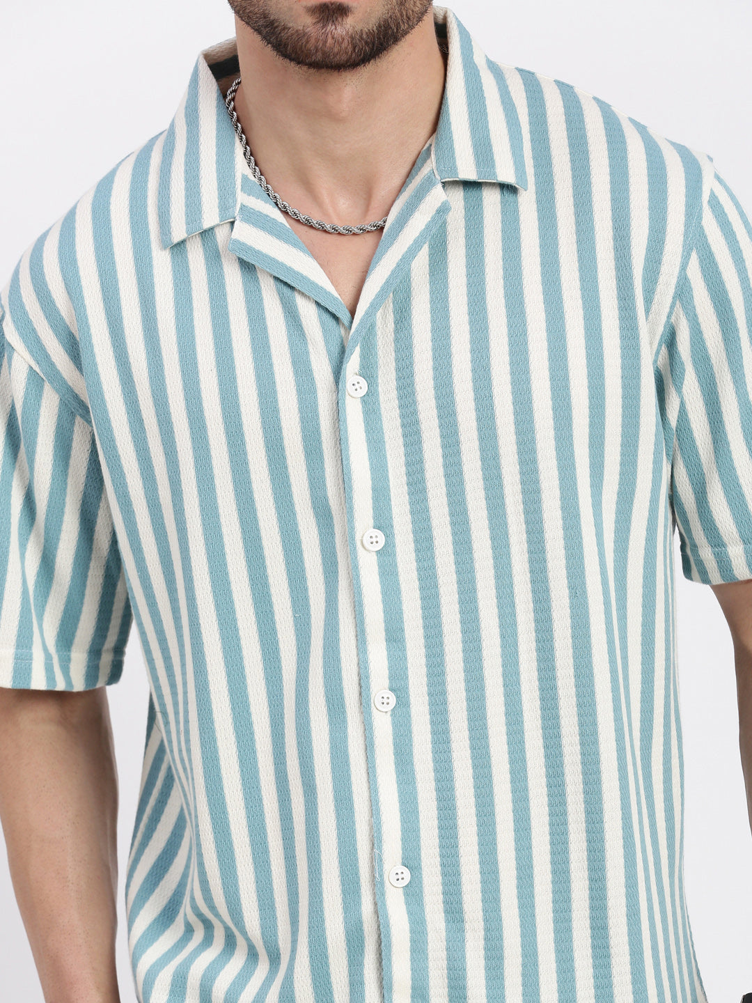 Men Blue Cuban Collar Striped Shirt