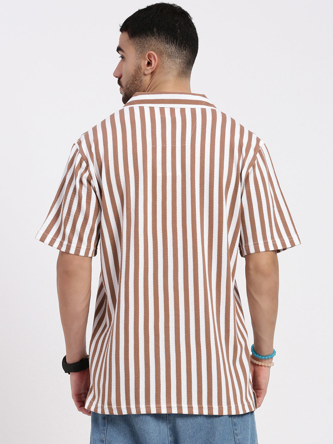 Men Brown Cuban Collar Striped Shirt