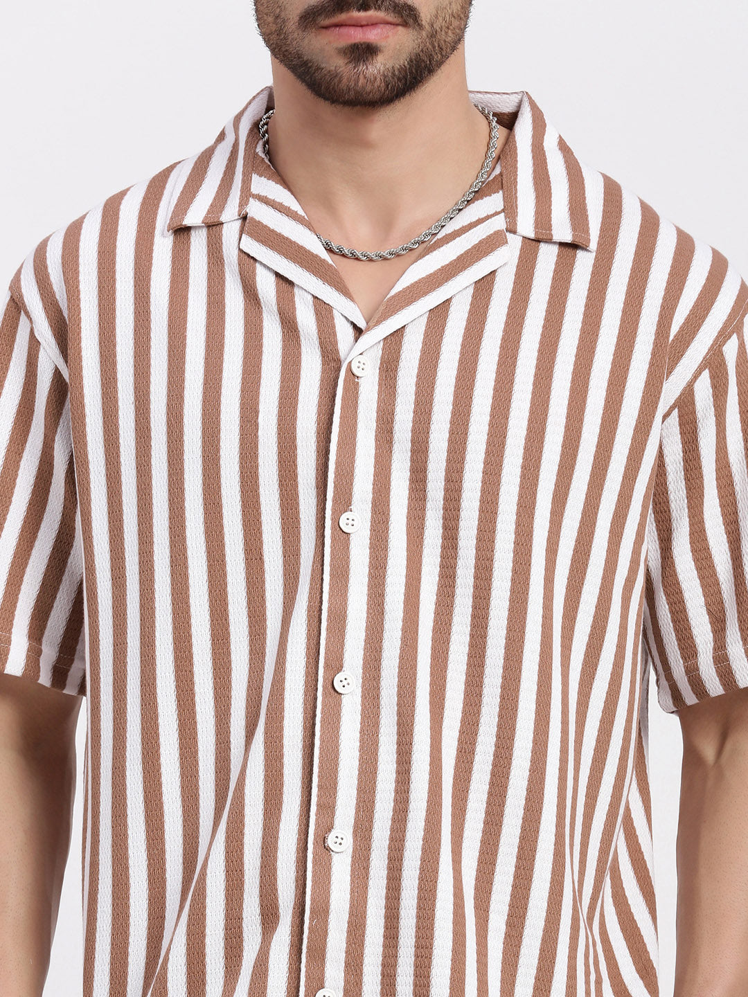 Men Brown Cuban Collar Striped Shirt