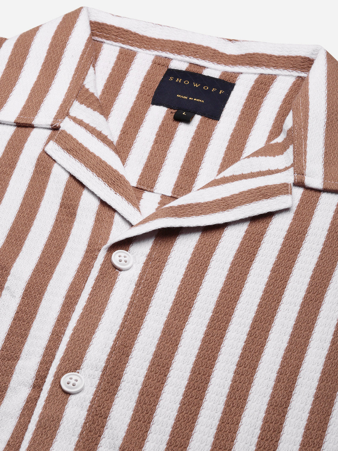 Men Brown Cuban Collar Striped Shirt