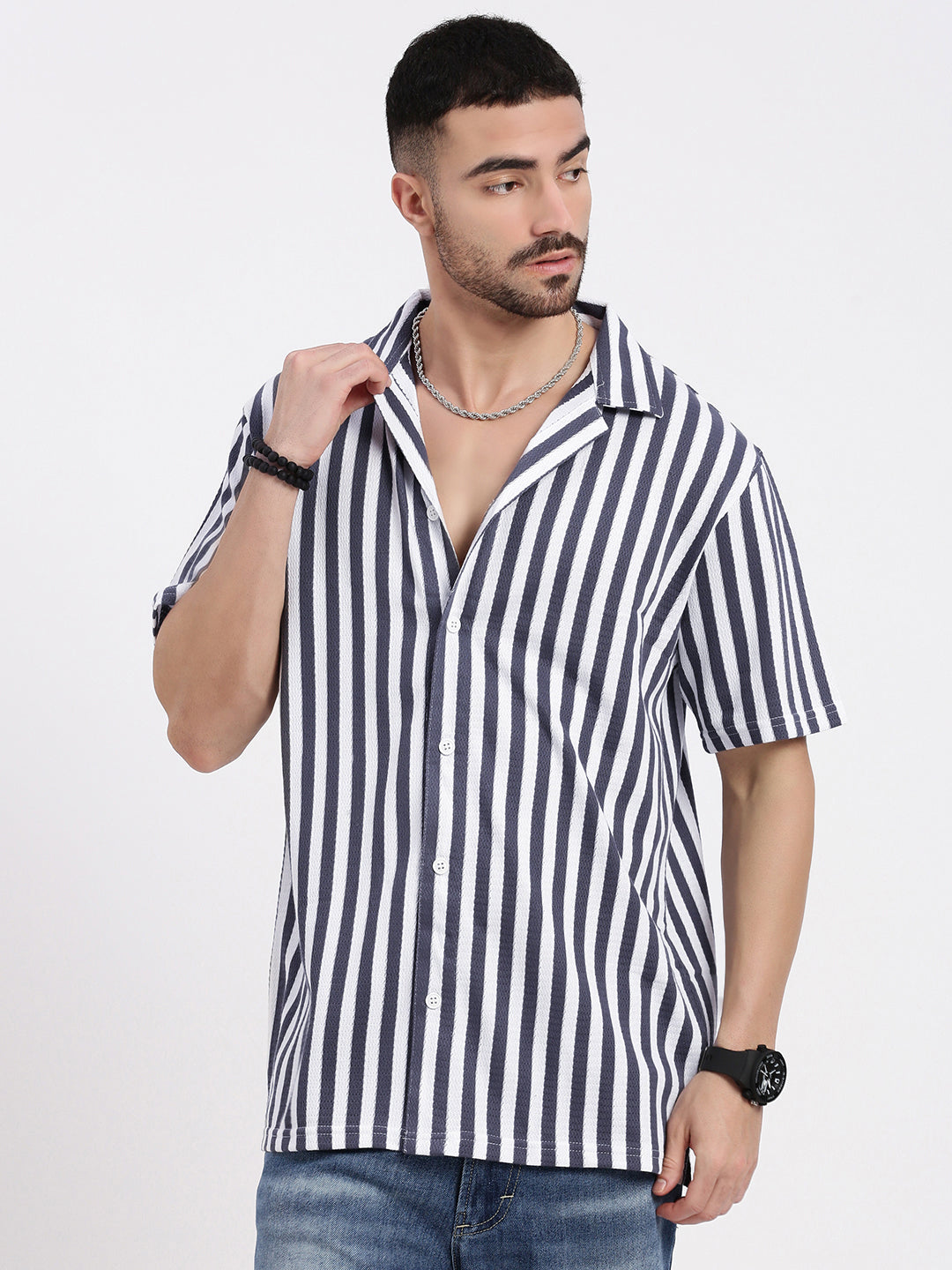 Men Grey Cuban Collar Striped Shirt