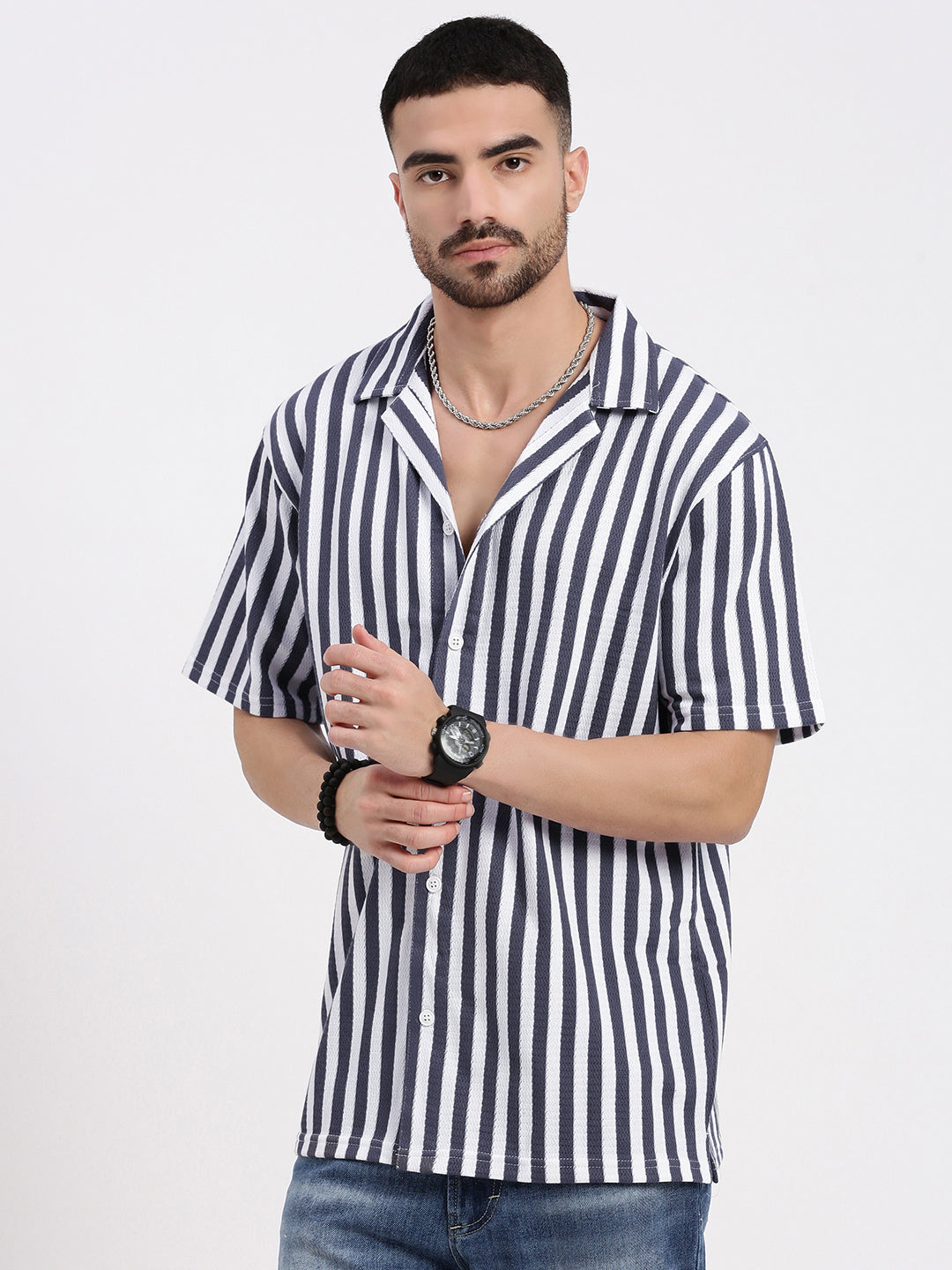 Men Grey Cuban Collar Striped Shirt