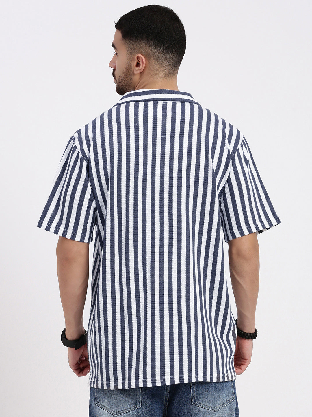 Men Grey Cuban Collar Striped Shirt