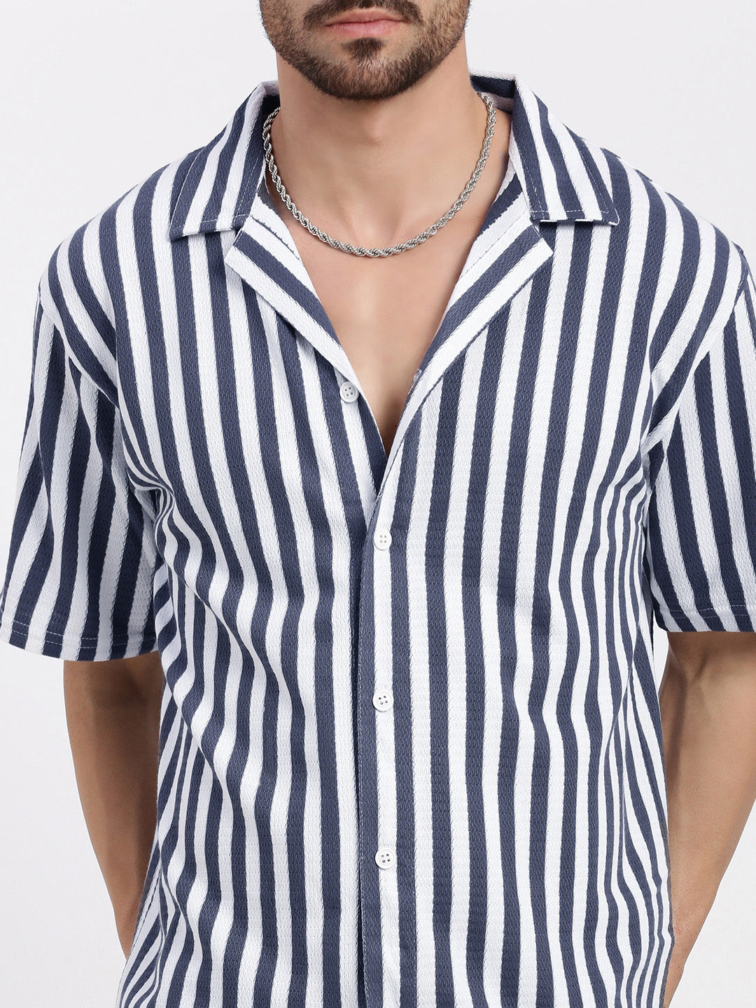 Men Grey Cuban Collar Striped Shirt