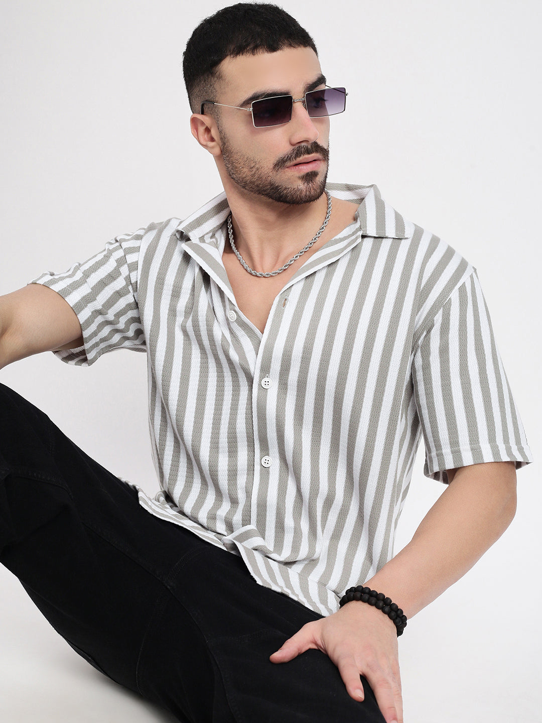 Men Grey Cuban Collar Striped Shirt