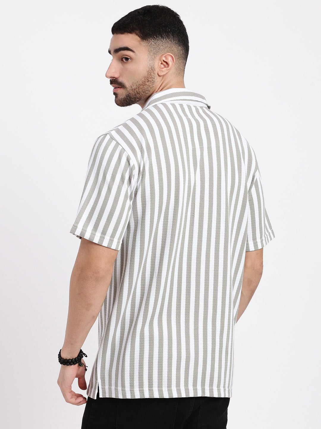 Men Grey Cuban Collar Striped Shirt