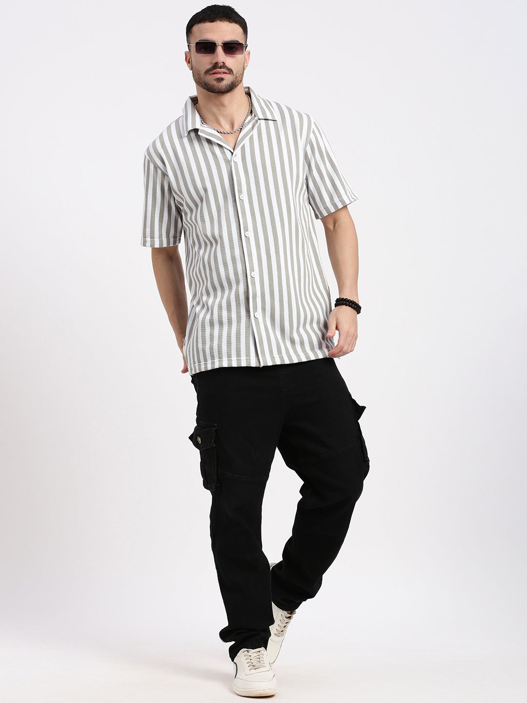 Men Grey Cuban Collar Striped Shirt