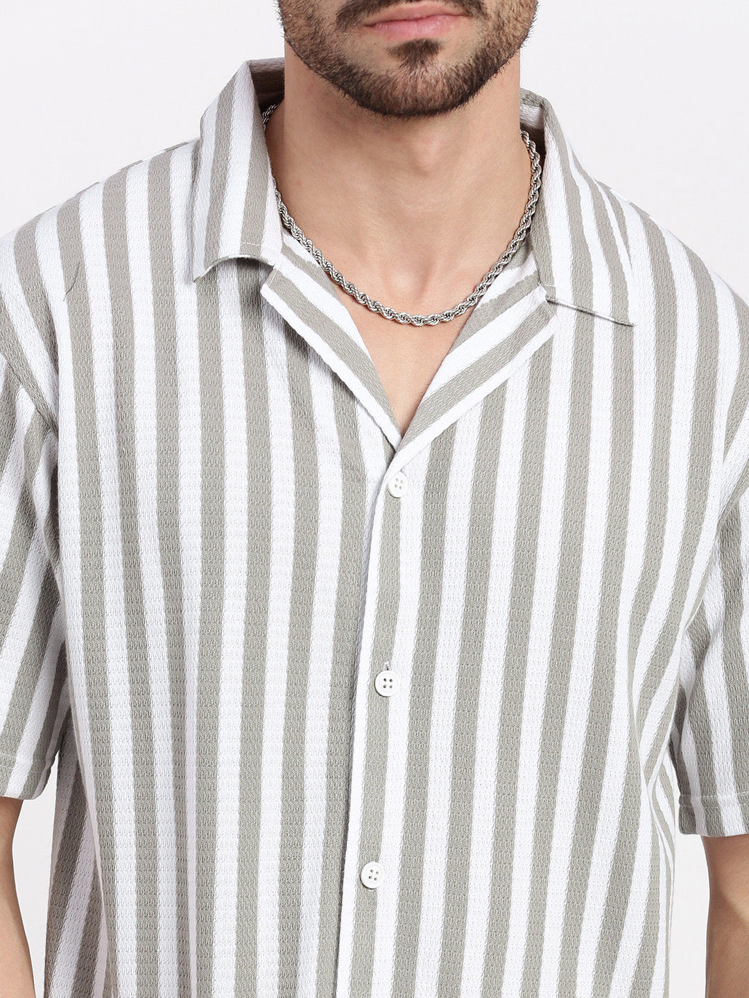 Men Grey Cuban Collar Striped Shirt