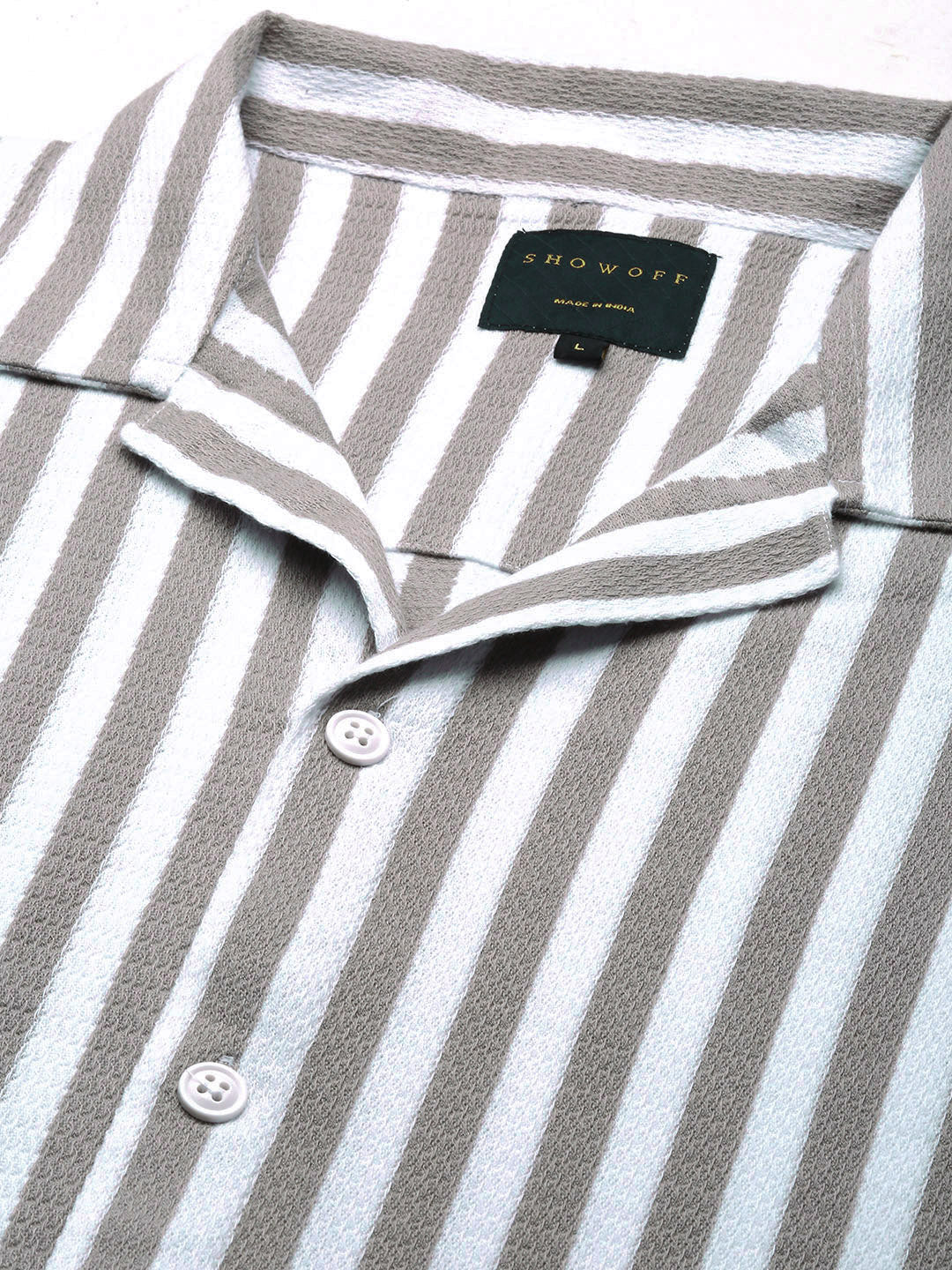 Men Grey Cuban Collar Striped Shirt