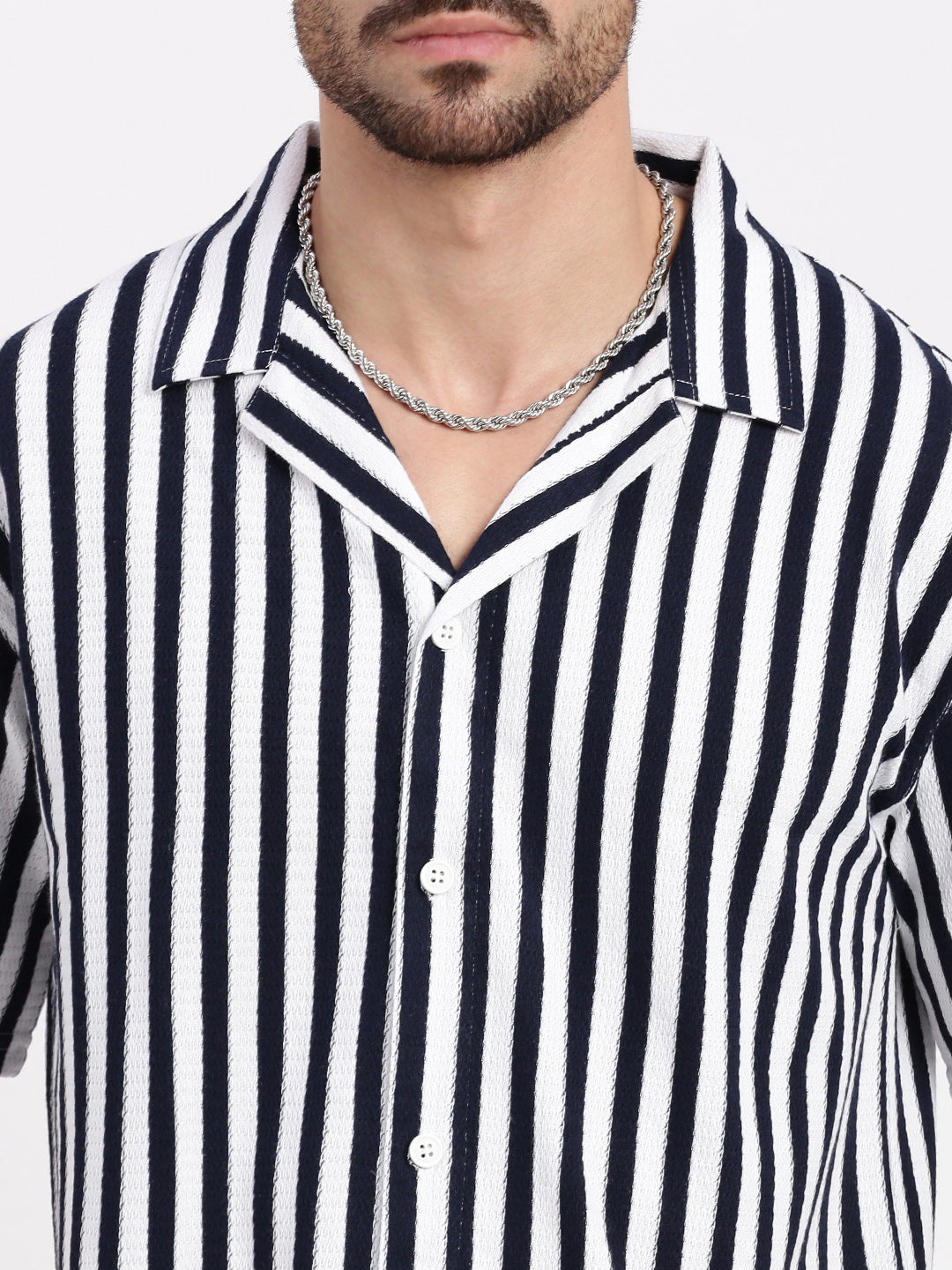 Men Navy Blue Cuban Collar Striped Shirt