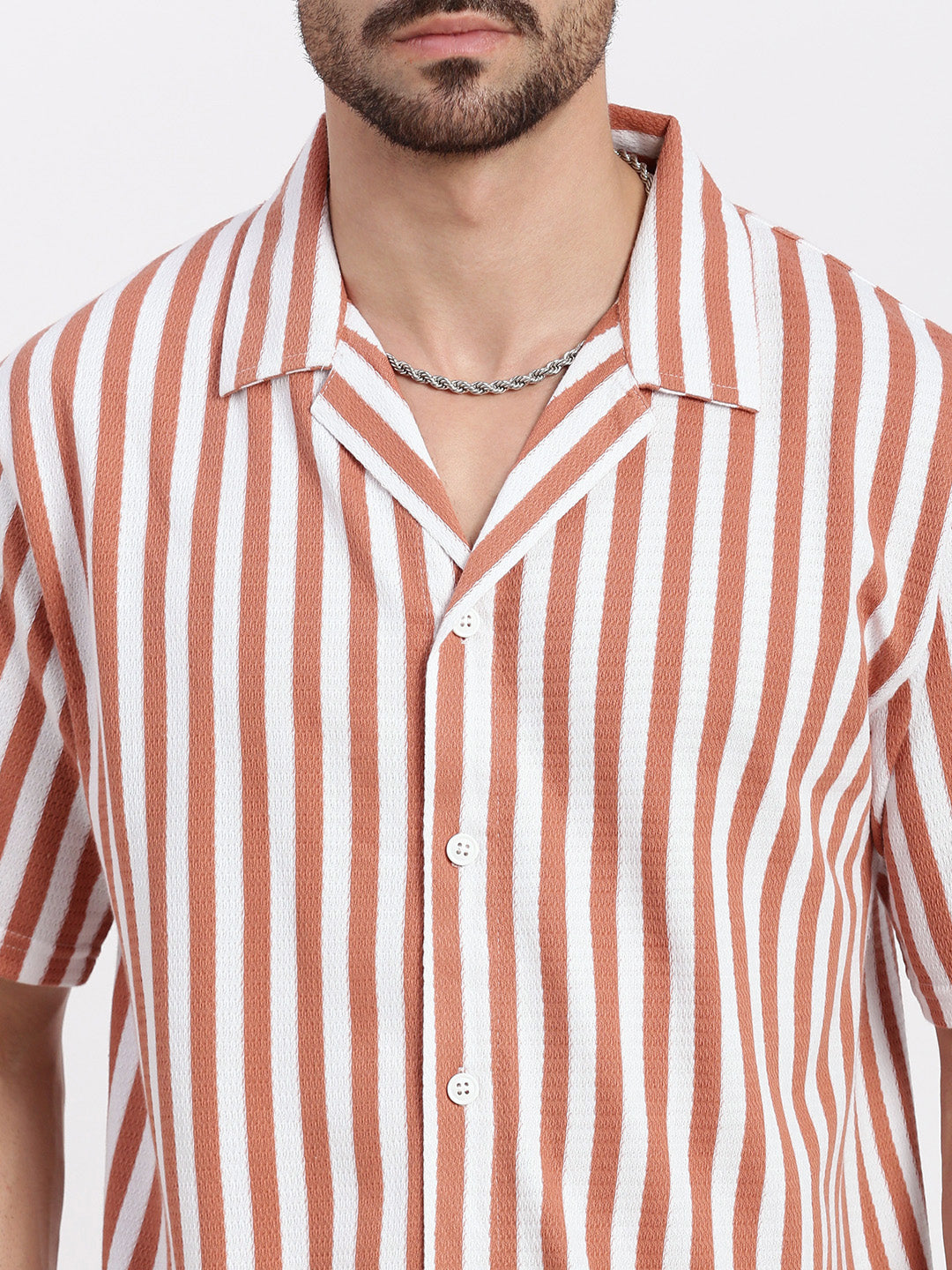 Men Orange Cuban Collar Striped Shirt