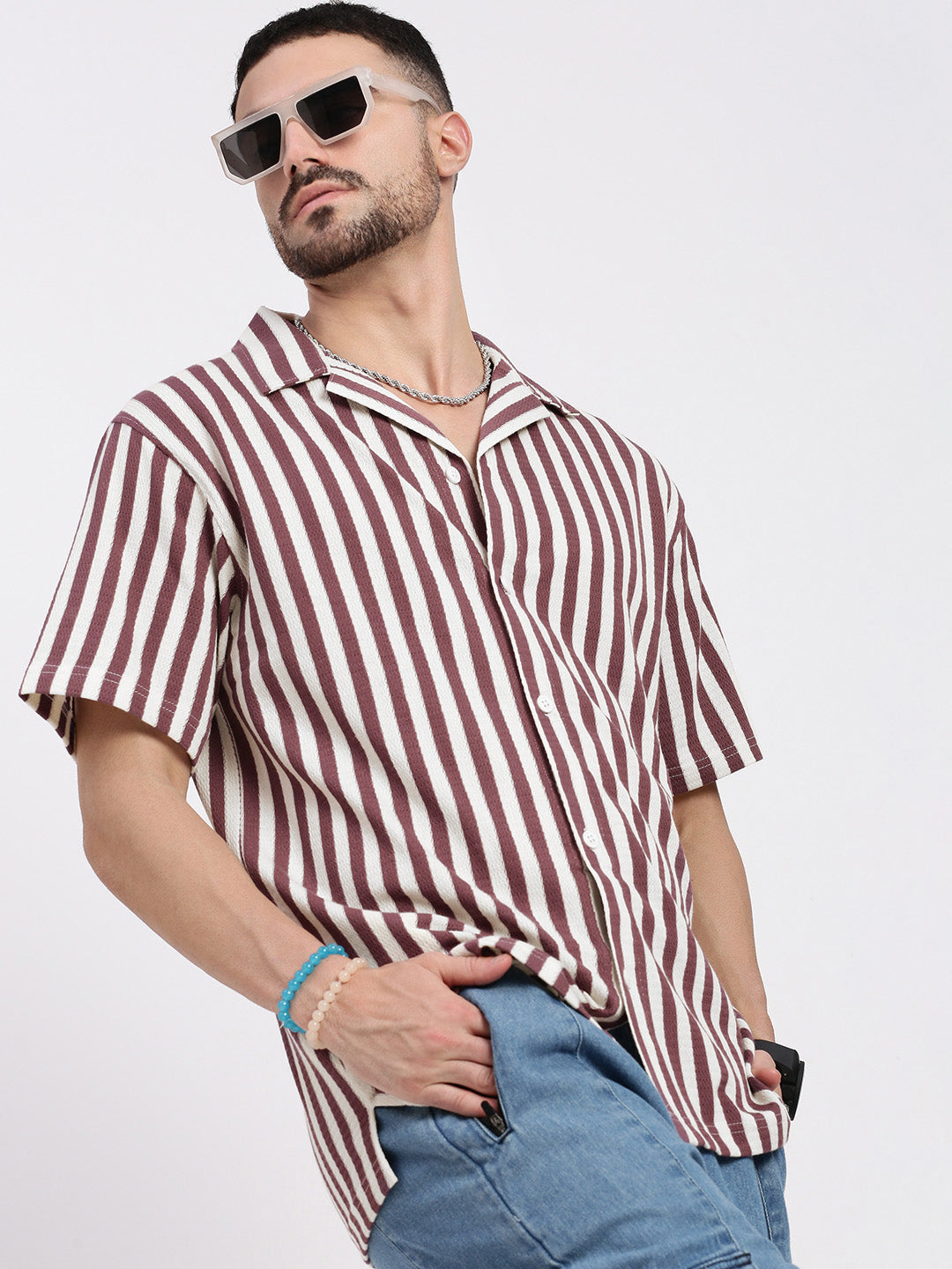 Men Purple Cuban Collar Striped Shirt