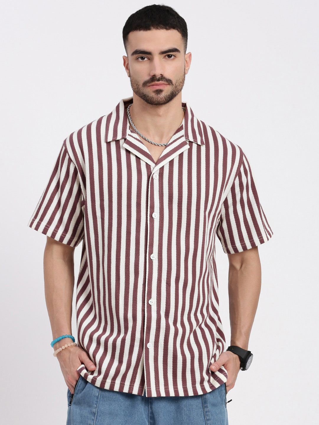 Men Purple Cuban Collar Striped Shirt