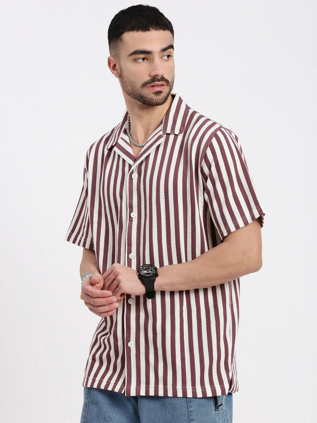 Men Purple Cuban Collar Striped Shirt