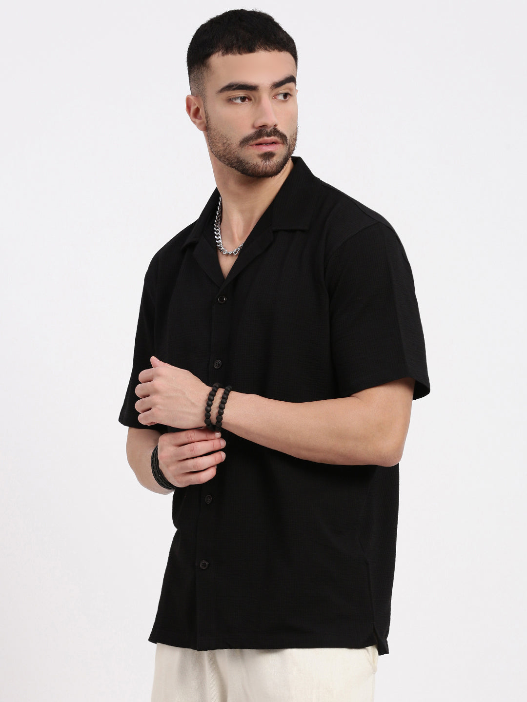 Men Black Cuban Collar Solid Shirt