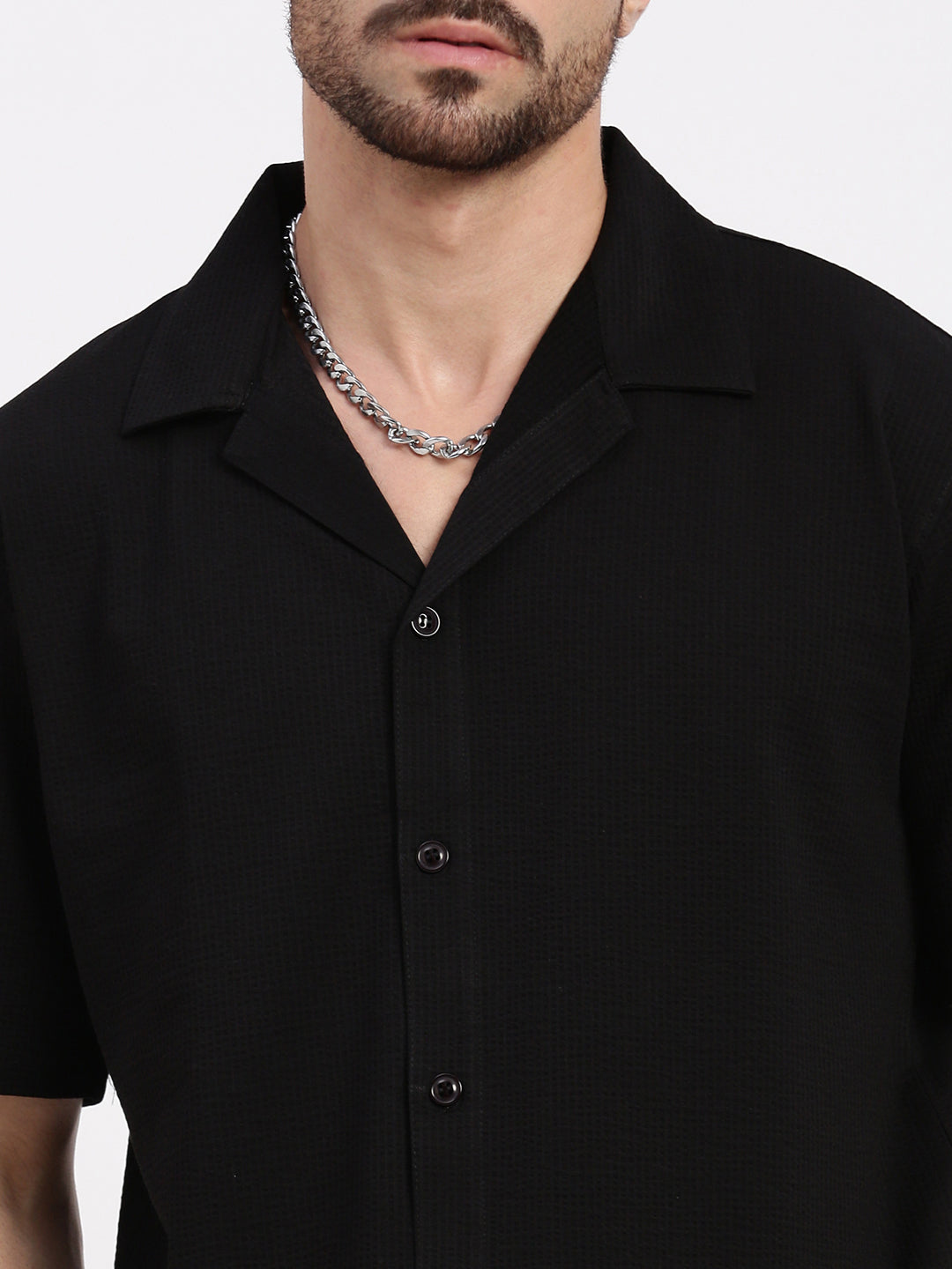 Men Black Cuban Collar Solid Shirt