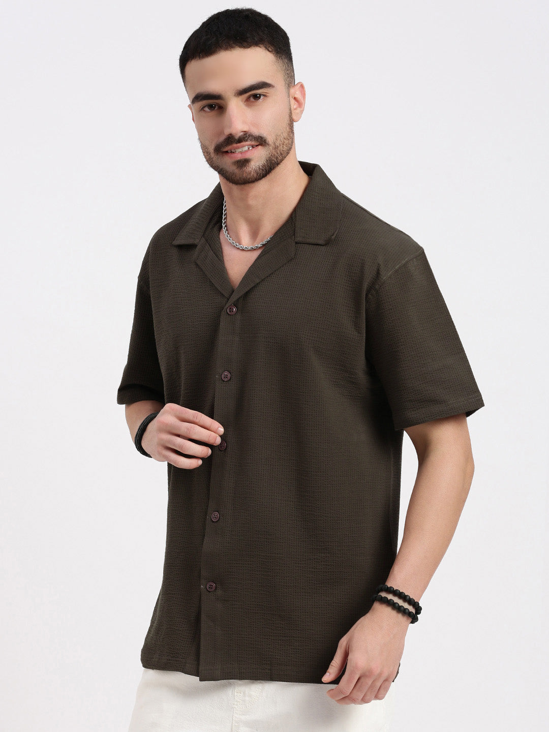 Men Brown Cuban Collar Solid Shirt