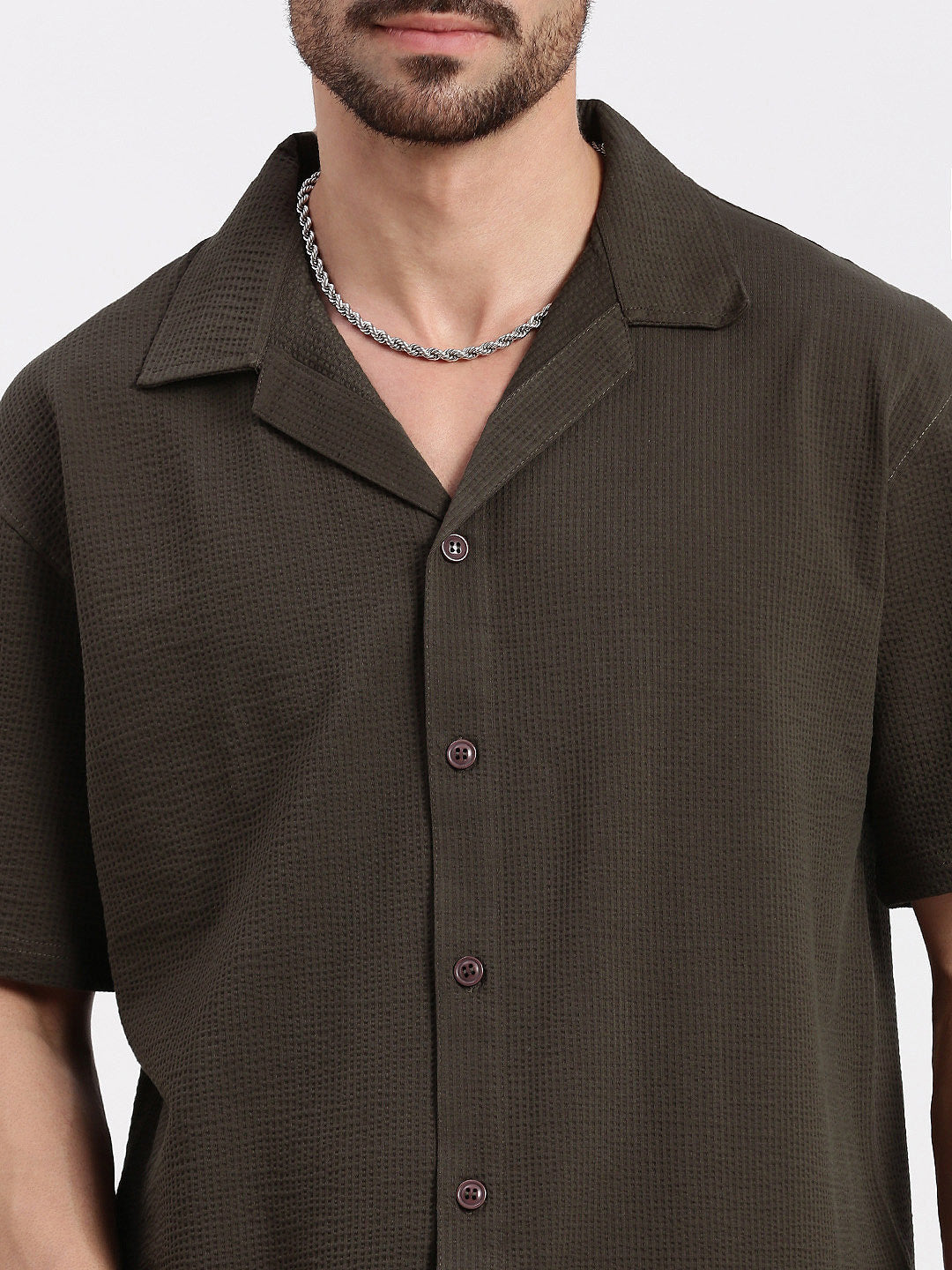 Men Brown Cuban Collar Solid Shirt