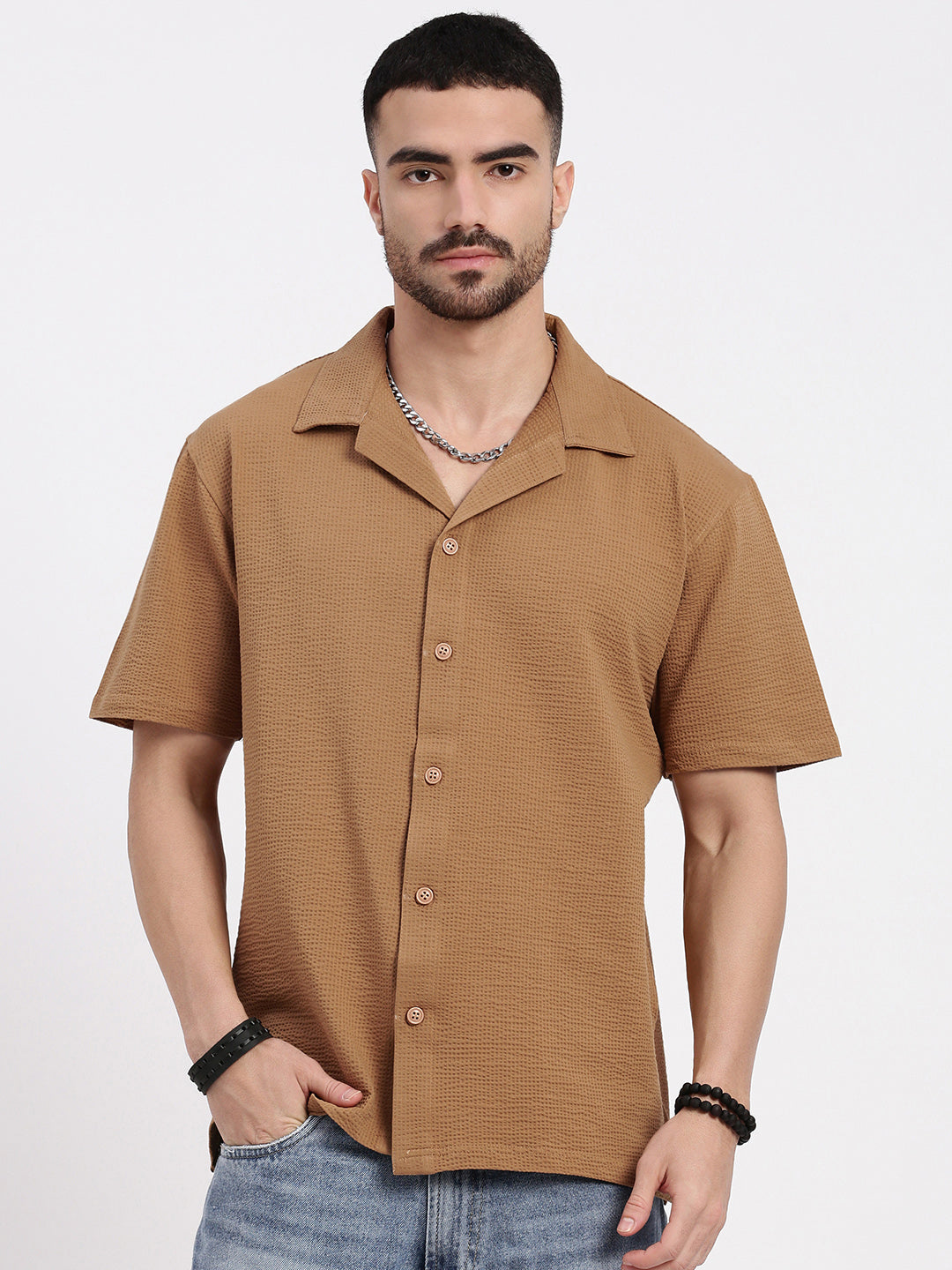 Men Brown Cuban Collar Solid Shirt